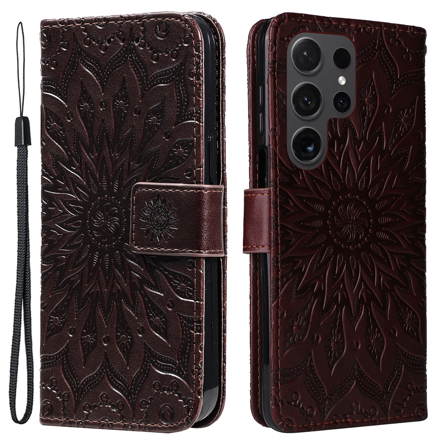 KT Imprinting Flower Series-1 For Samsung Galaxy S24 Ultra Case PU Leather Phone Wallet Cover - Brown