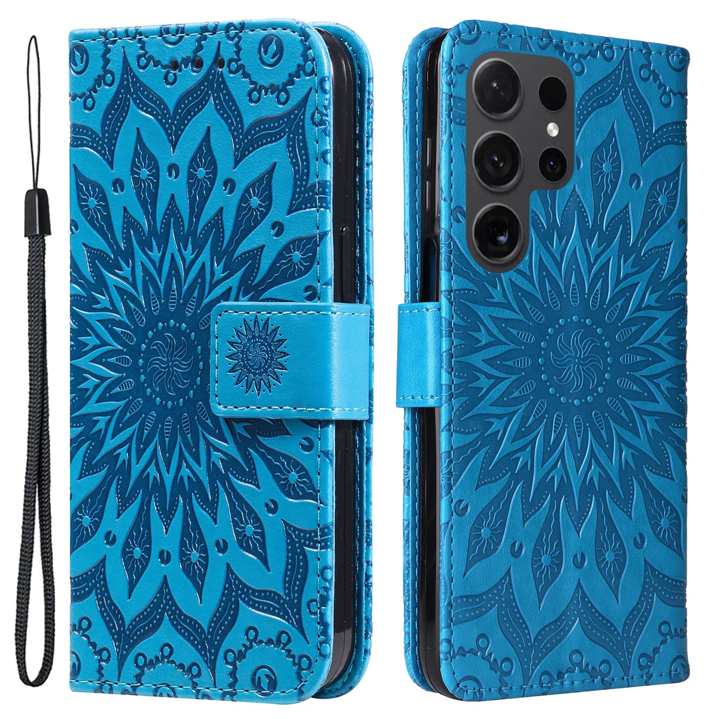 KT Imprinting Flower Series-1 For Samsung Galaxy S24 Ultra Case PU Leather Phone Wallet Cover - Blue