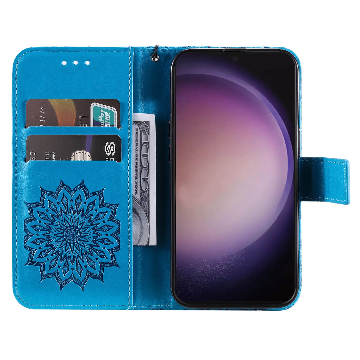 KT Imprinting Flower Series-1 For Samsung Galaxy S24 Ultra Case PU Leather Phone Wallet Cover - Blue