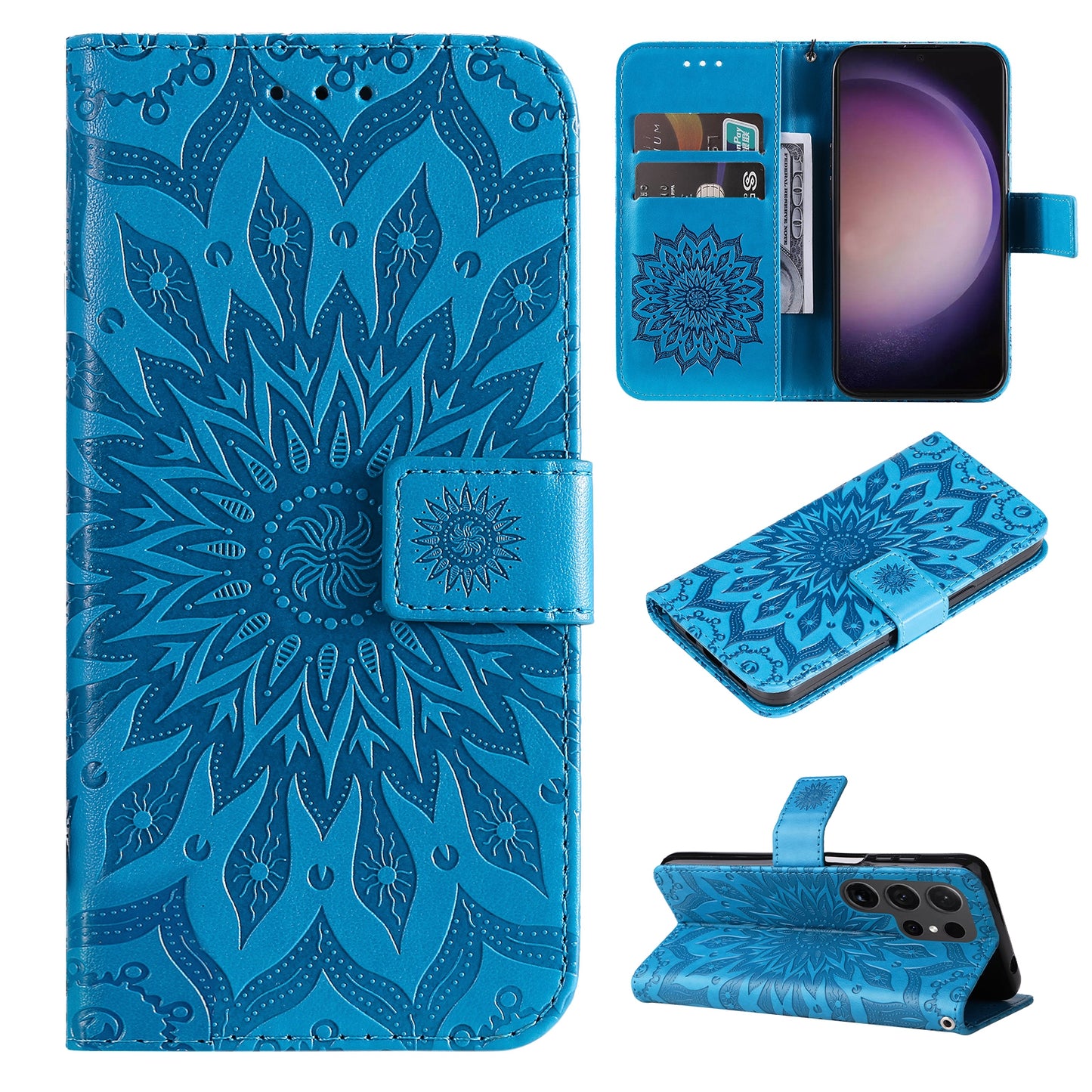 KT Imprinting Flower Series-1 For Samsung Galaxy S24 Ultra Case PU Leather Phone Wallet Cover - Blue