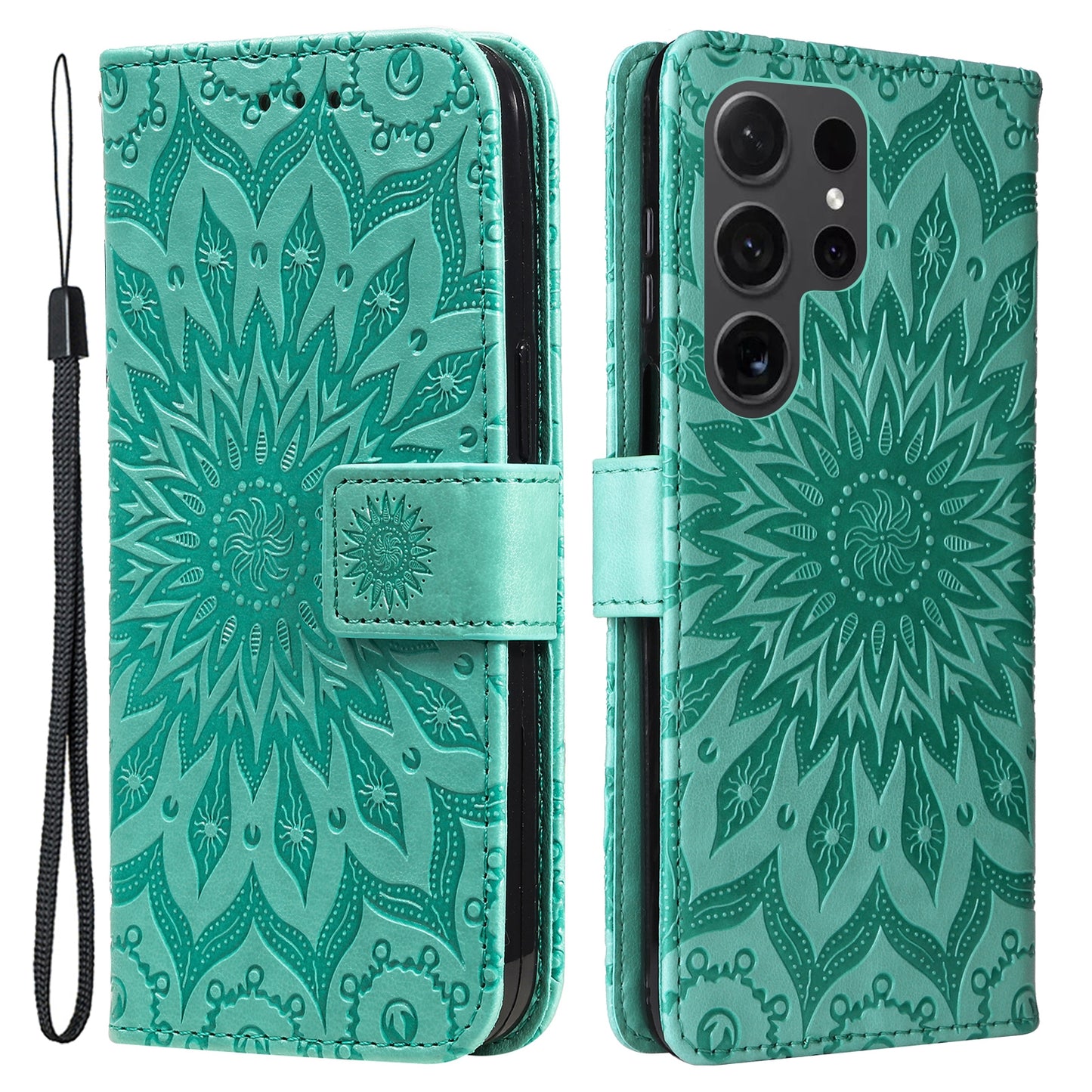 KT Imprinting Flower Series-1 For Samsung Galaxy S24 Ultra Case PU Leather Phone Wallet Cover - Green