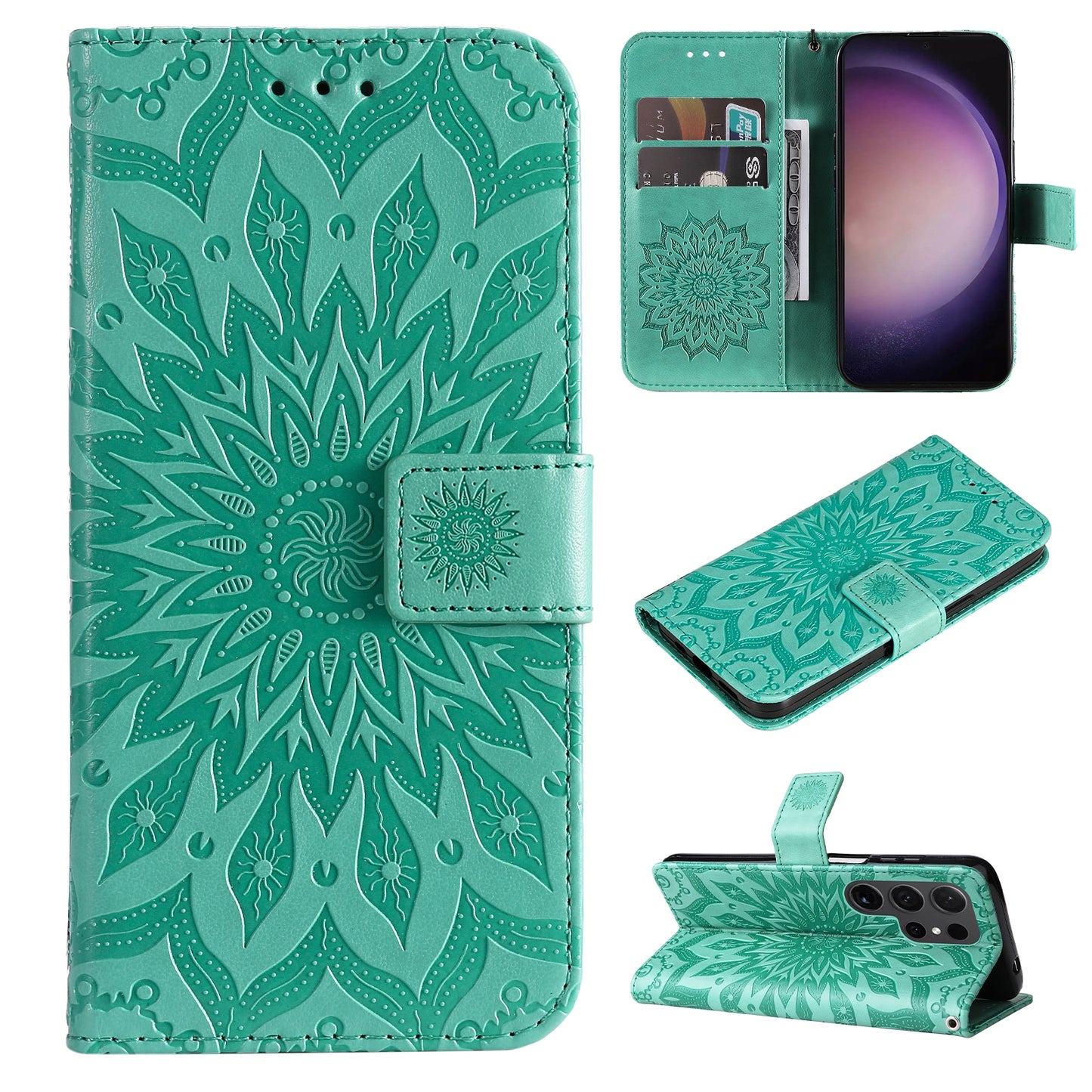 KT Imprinting Flower Series-1 For Samsung Galaxy S24 Ultra Case PU Leather Phone Wallet Cover - Green