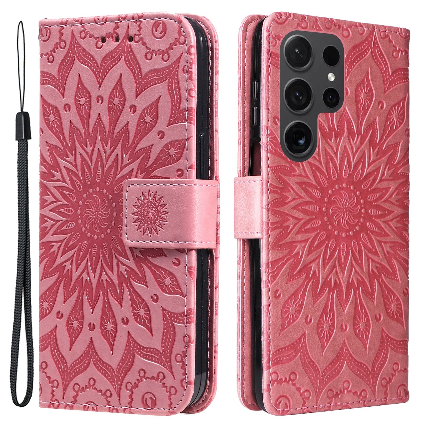 KT Imprinting Flower Series-1 For Samsung Galaxy S24 Ultra Case PU Leather Phone Wallet Cover - Pink