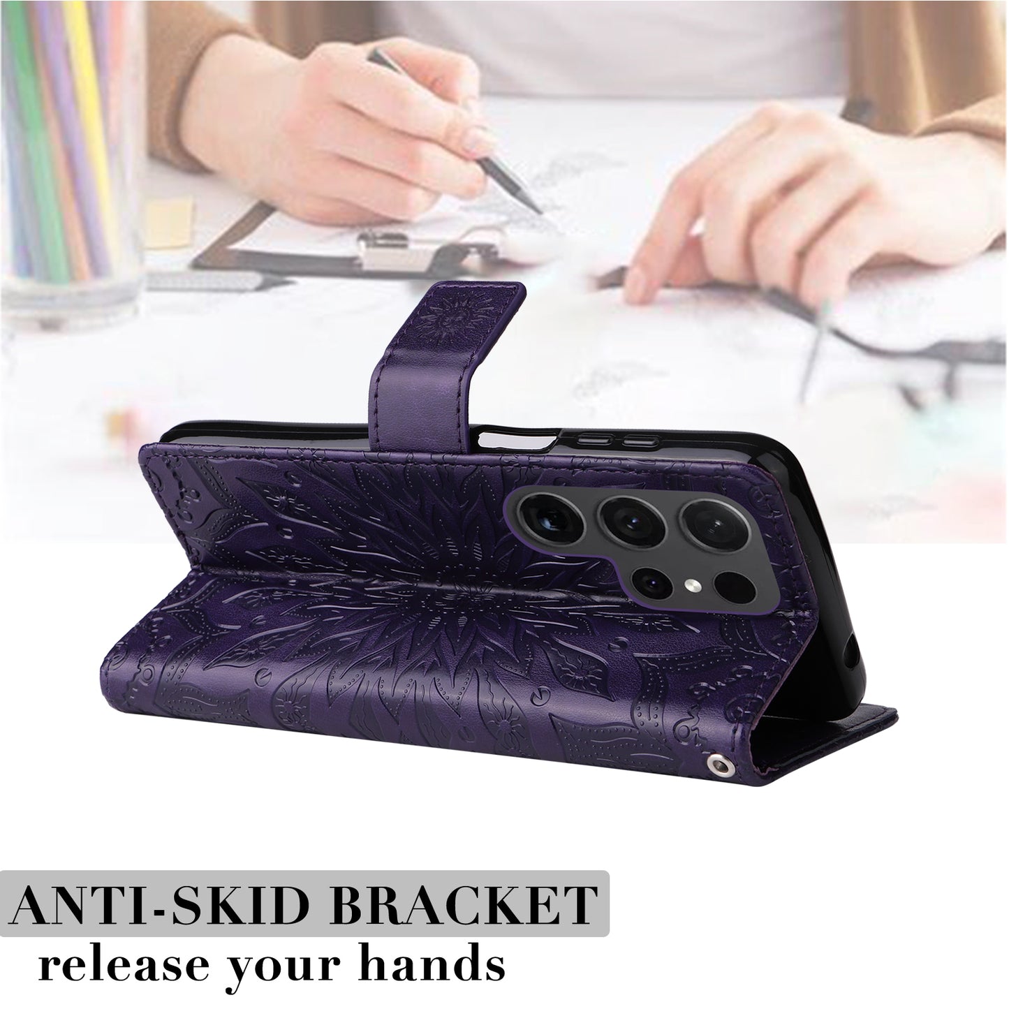 KT Imprinting Flower Series-1 For Samsung Galaxy S24 Ultra Case PU Leather Phone Wallet Cover - Purple