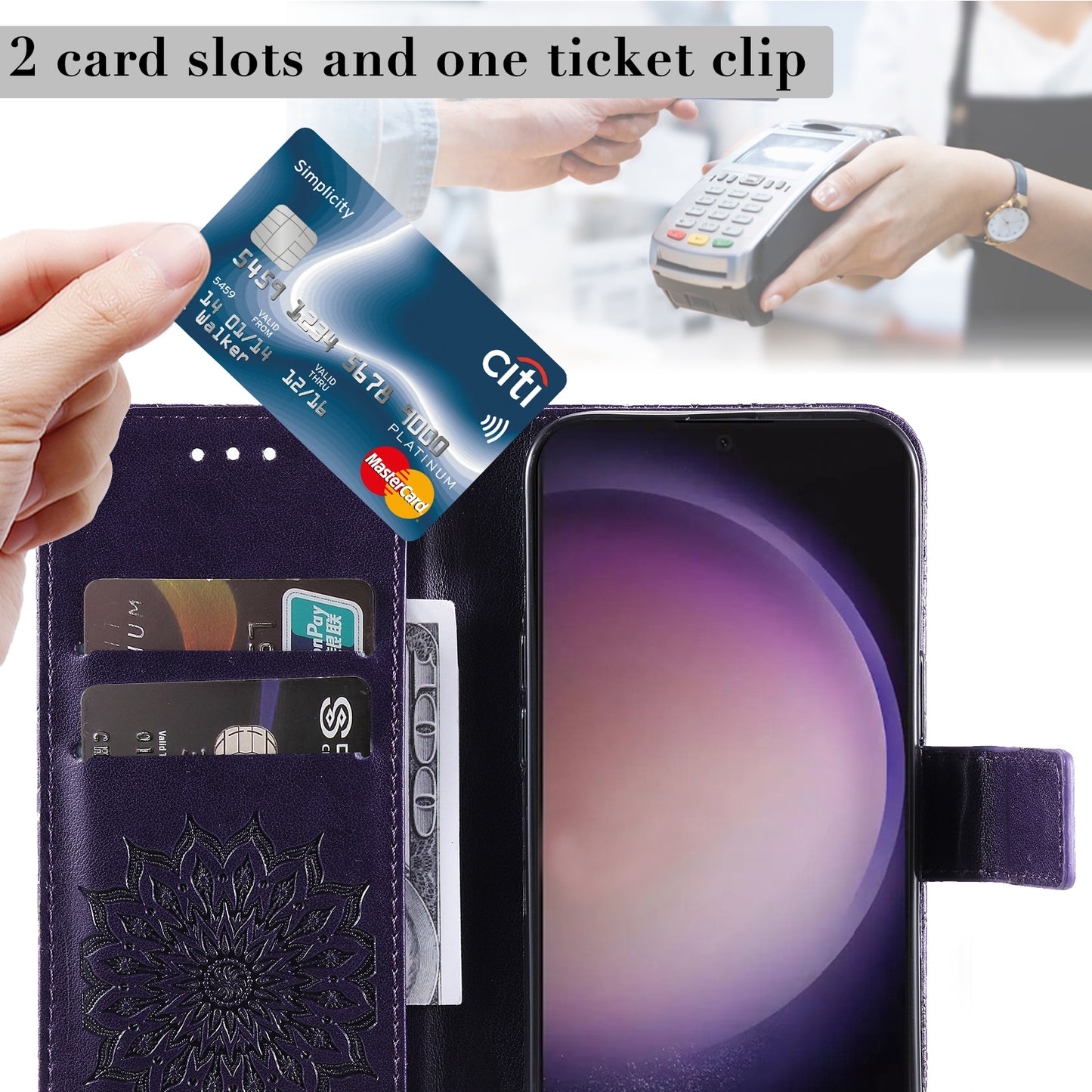 KT Imprinting Flower Series-1 For Samsung Galaxy S24 Ultra Case PU Leather Phone Wallet Cover - Purple