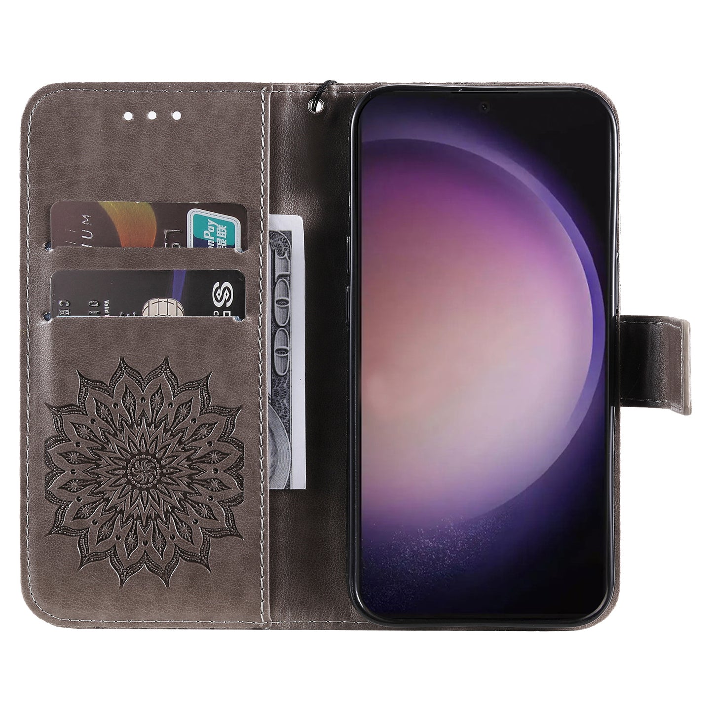KT Imprinting Flower Series-1 For Samsung Galaxy S24 Ultra Case PU Leather Phone Wallet Cover - Grey