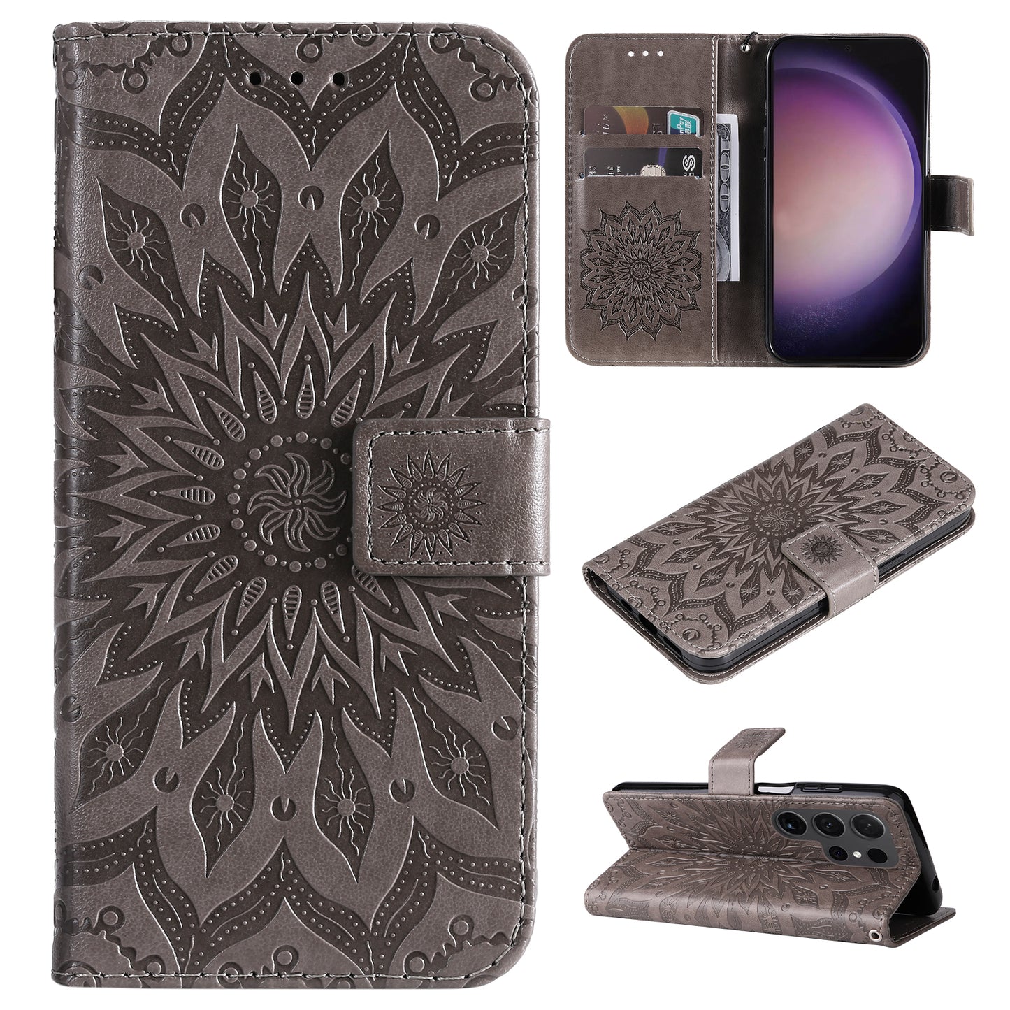 KT Imprinting Flower Series-1 For Samsung Galaxy S24 Ultra Case PU Leather Phone Wallet Cover - Grey