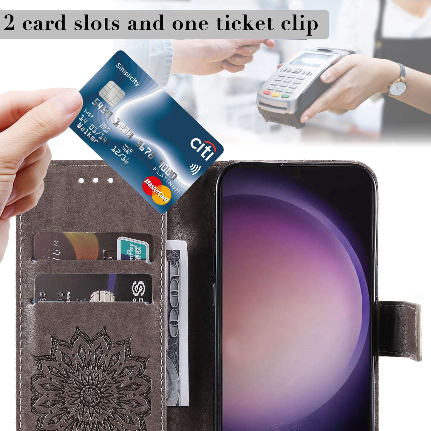 KT Imprinting Flower Series-1 For Samsung Galaxy S24 Ultra Case PU Leather Phone Wallet Cover - Grey