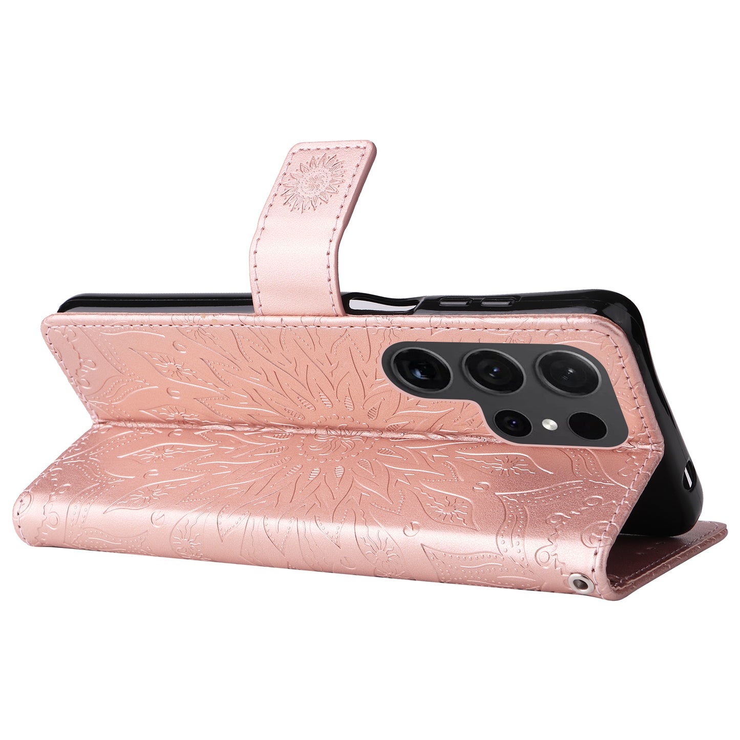 KT Imprinting Flower Series-1 For Samsung Galaxy S24 Ultra Case PU Leather Phone Wallet Cover - Rose Gold