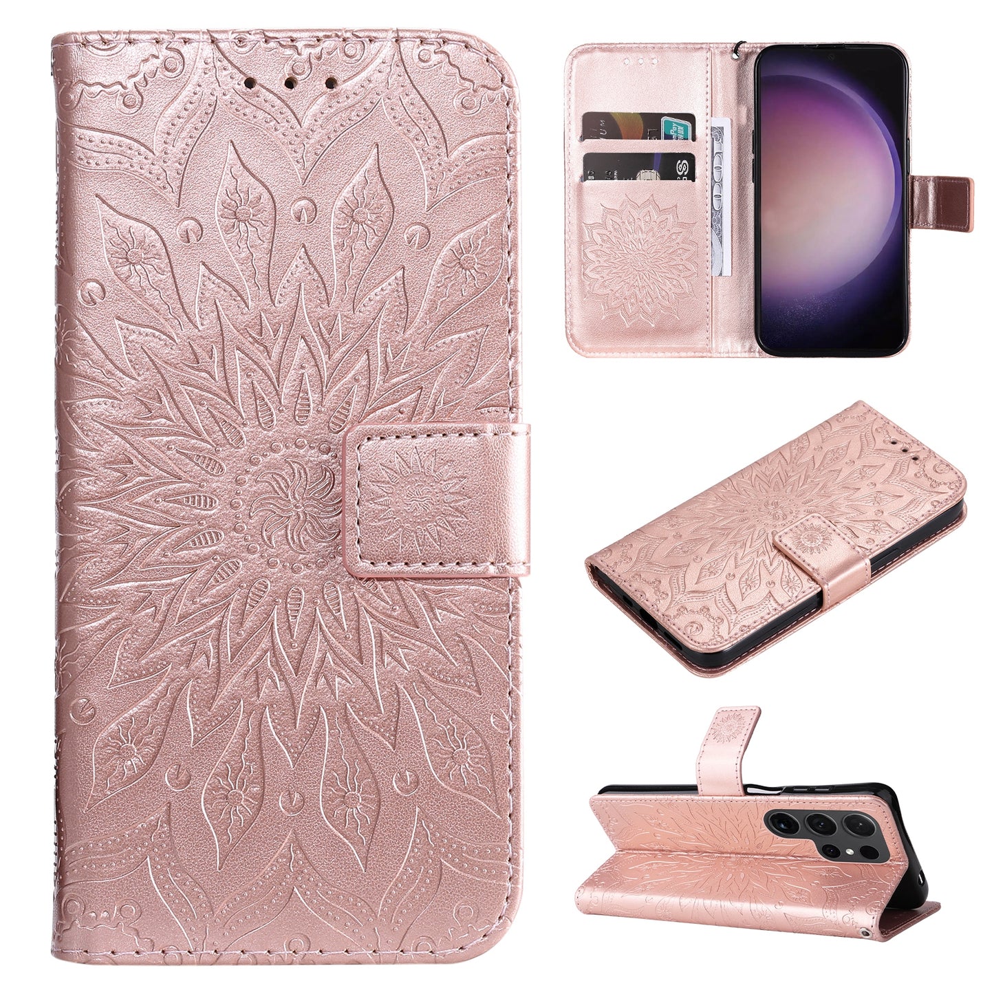 KT Imprinting Flower Series-1 For Samsung Galaxy S24 Ultra Case PU Leather Phone Wallet Cover - Rose Gold