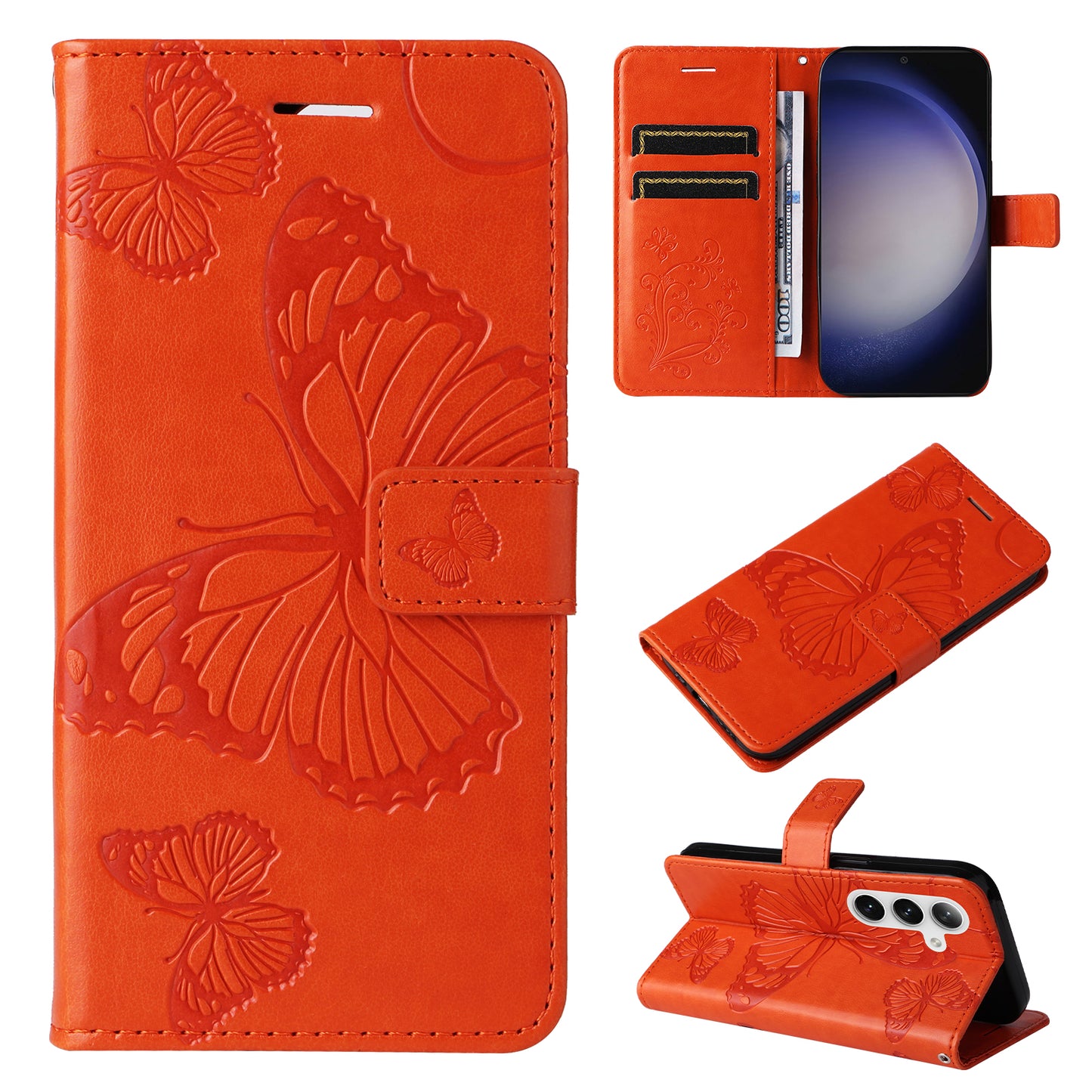 KT Imprinting Flower Series-2 For Samsung Galaxy S24+ Case Butterfly Imprint Leather Phone Cover - Orange