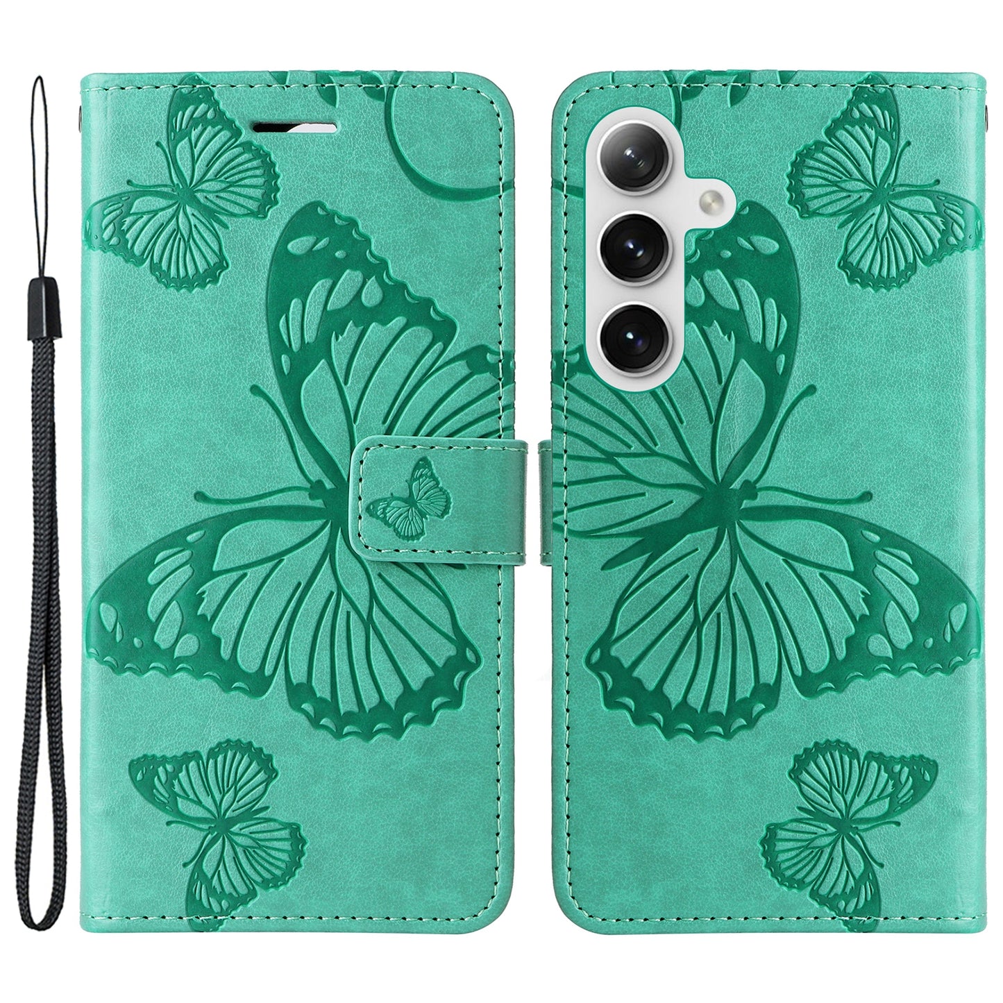 KT Imprinting Flower Series-2 For Samsung Galaxy S24+ Case Butterfly Imprint Leather Phone Cover - Green