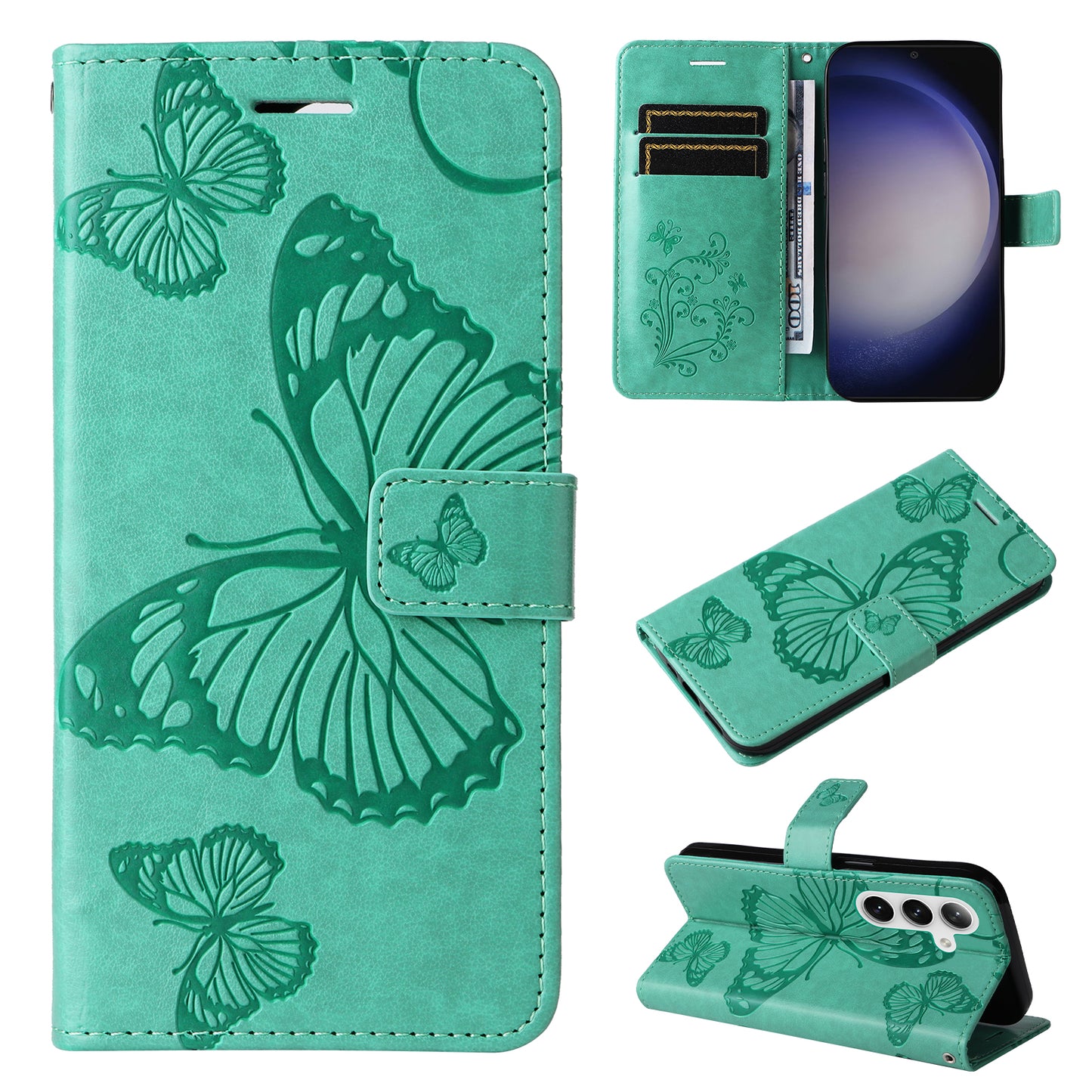 KT Imprinting Flower Series-2 For Samsung Galaxy S24+ Case Butterfly Imprint Leather Phone Cover - Green