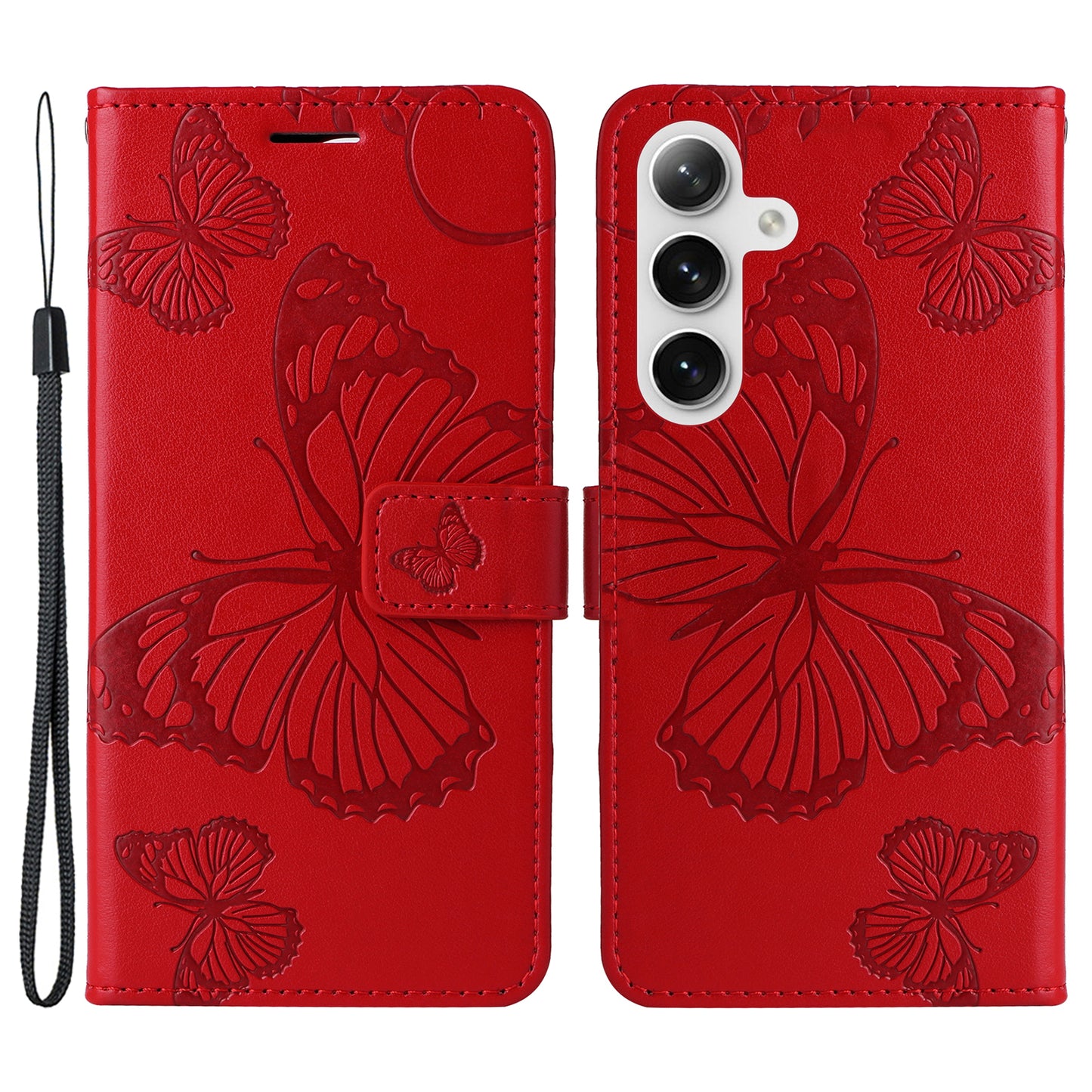 KT Imprinting Flower Series-2 For Samsung Galaxy S24+ Case Butterfly Imprint Leather Phone Cover - Red