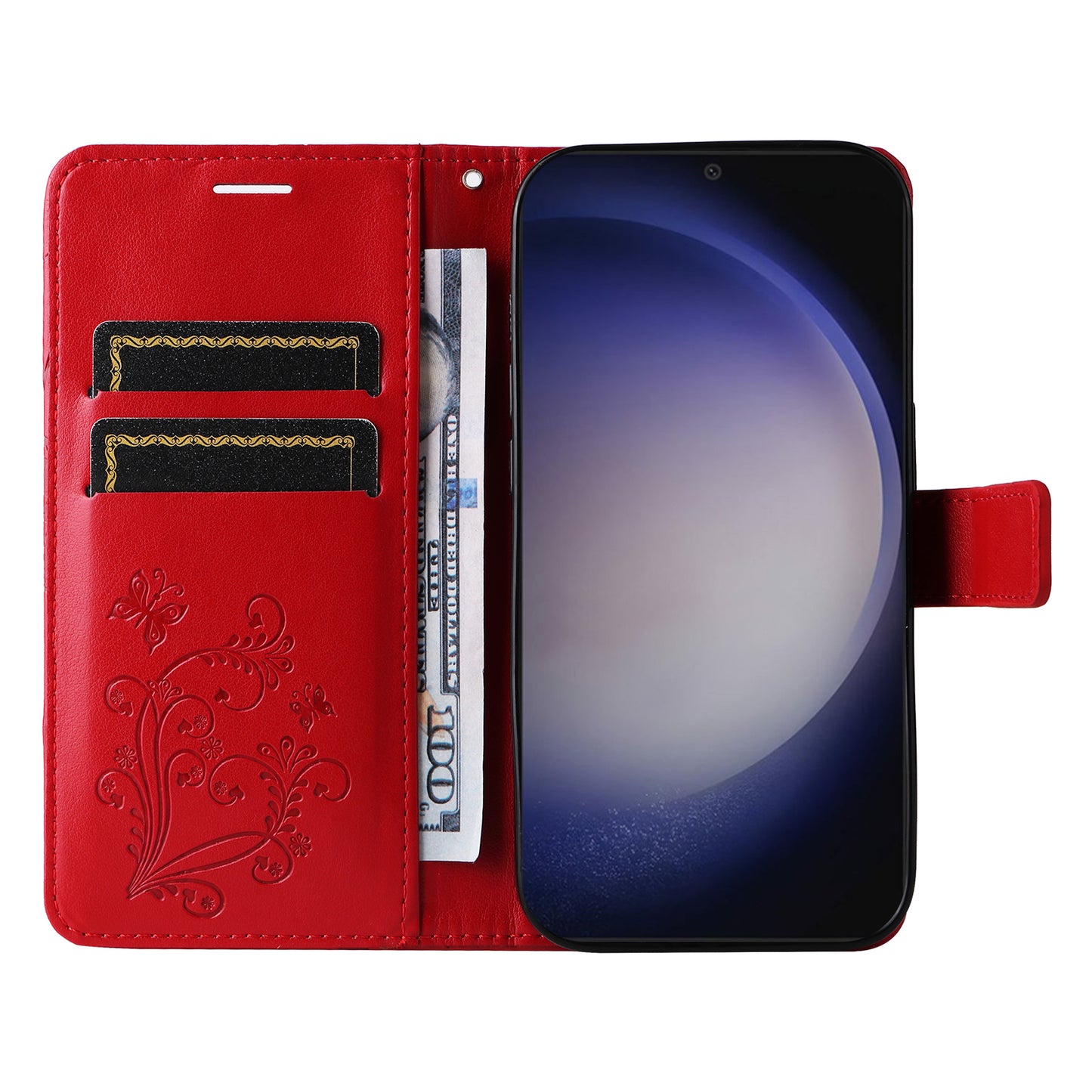 KT Imprinting Flower Series-2 For Samsung Galaxy S24+ Case Butterfly Imprint Leather Phone Cover - Red