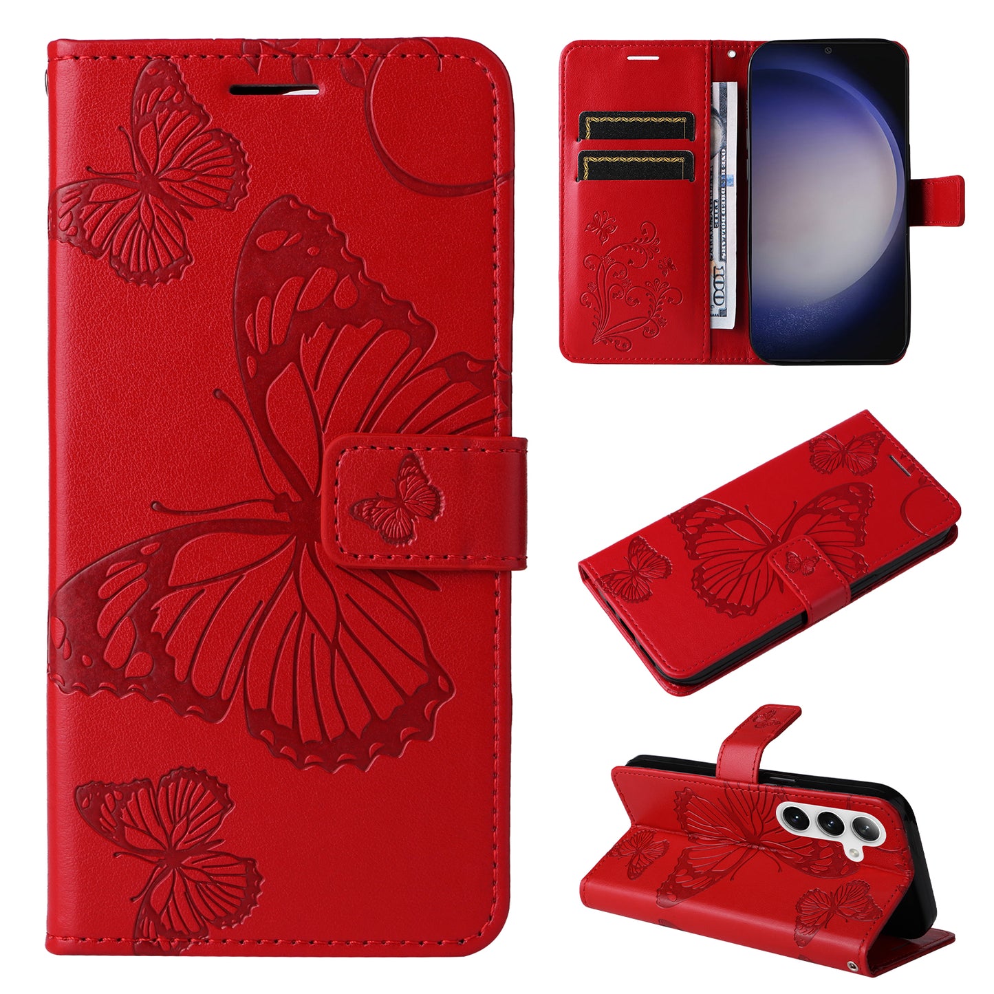 KT Imprinting Flower Series-2 For Samsung Galaxy S24+ Case Butterfly Imprint Leather Phone Cover - Red