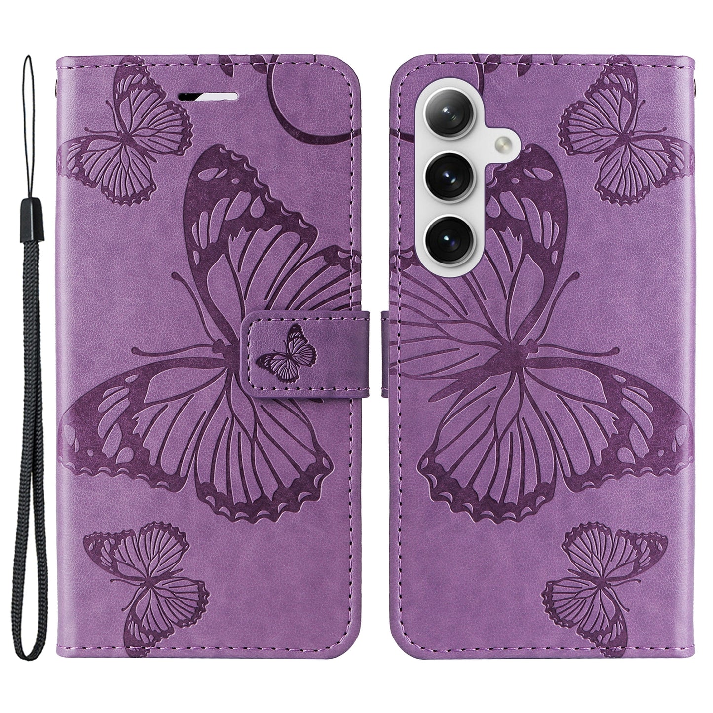 KT Imprinting Flower Series-2 For Samsung Galaxy S24+ Case Butterfly Imprint Leather Phone Cover - Purple