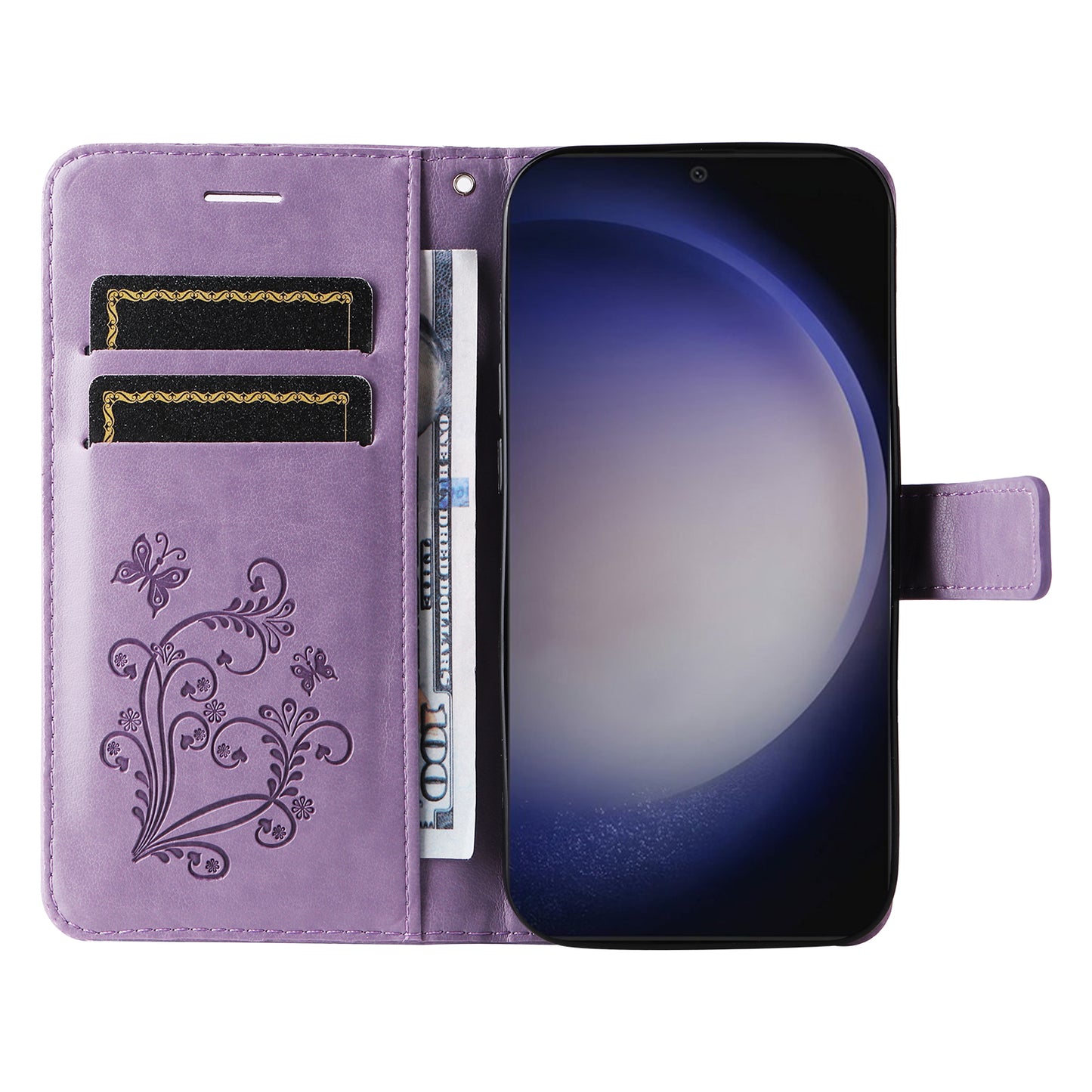 KT Imprinting Flower Series-2 For Samsung Galaxy S24+ Case Butterfly Imprint Leather Phone Cover - Purple