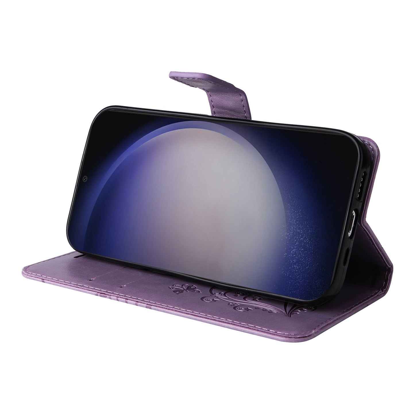 KT Imprinting Flower Series-2 For Samsung Galaxy S24+ Case Butterfly Imprint Leather Phone Cover - Purple