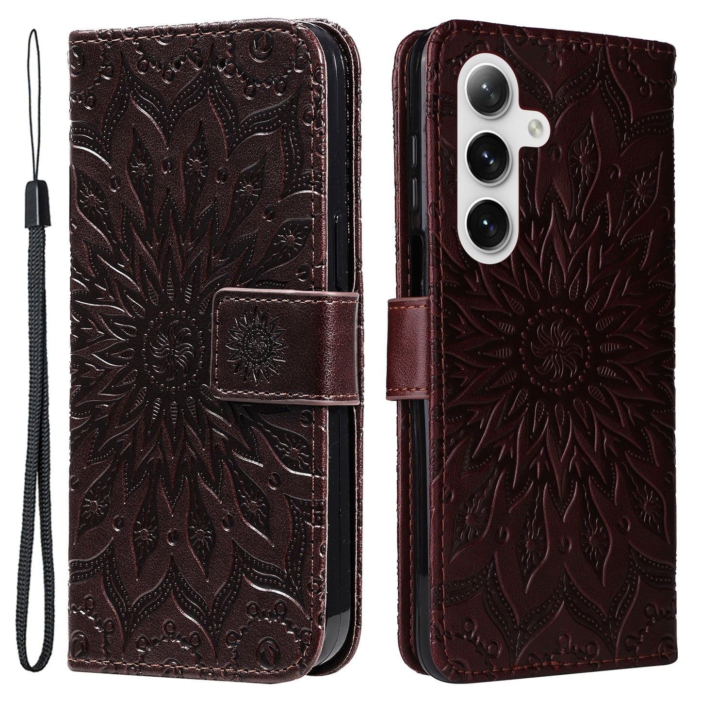KT Imprinting Flower Series-1 For Samsung Galaxy S24+ Case Imprinted Leather Wallet Phone Cover - Brown