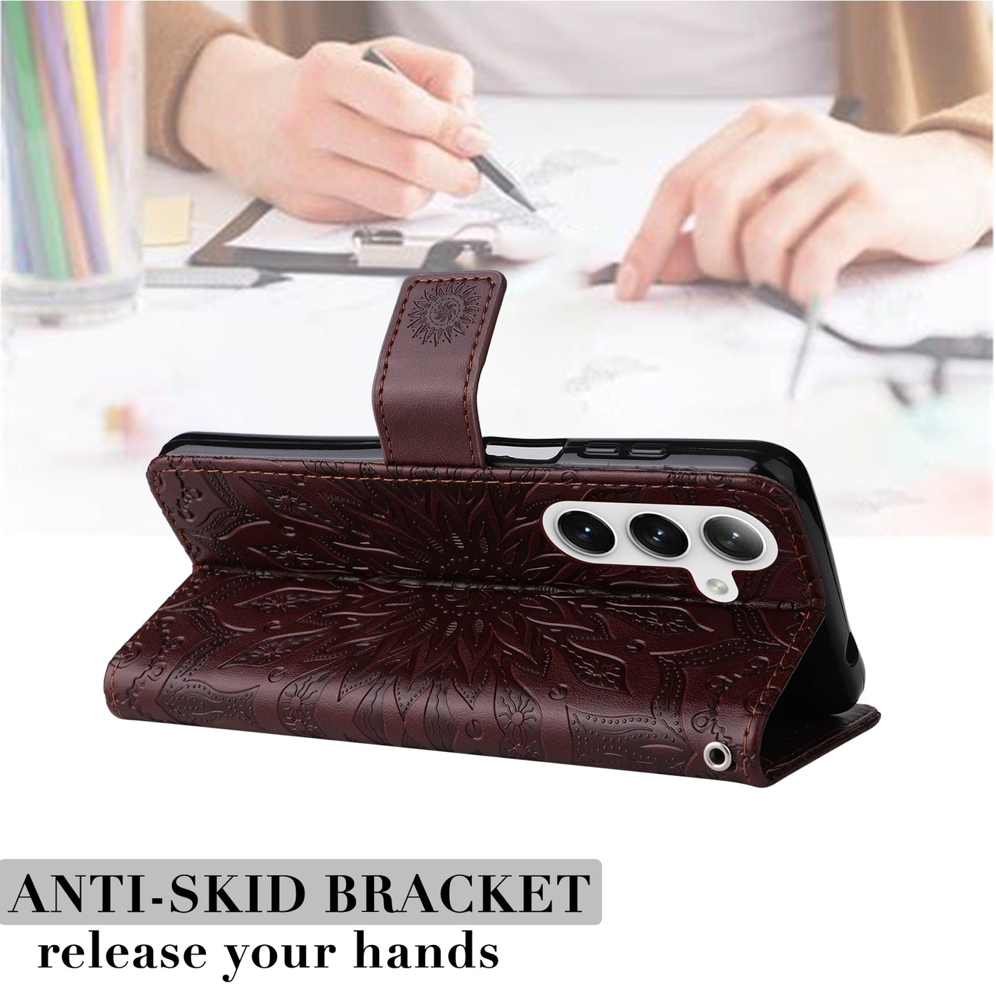 KT Imprinting Flower Series-1 For Samsung Galaxy S24+ Case Imprinted Leather Wallet Phone Cover - Brown