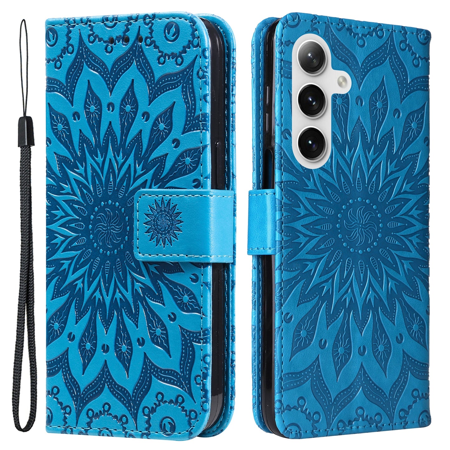 KT Imprinting Flower Series-1 For Samsung Galaxy S24+ Case Imprinted Leather Wallet Phone Cover - Blue
