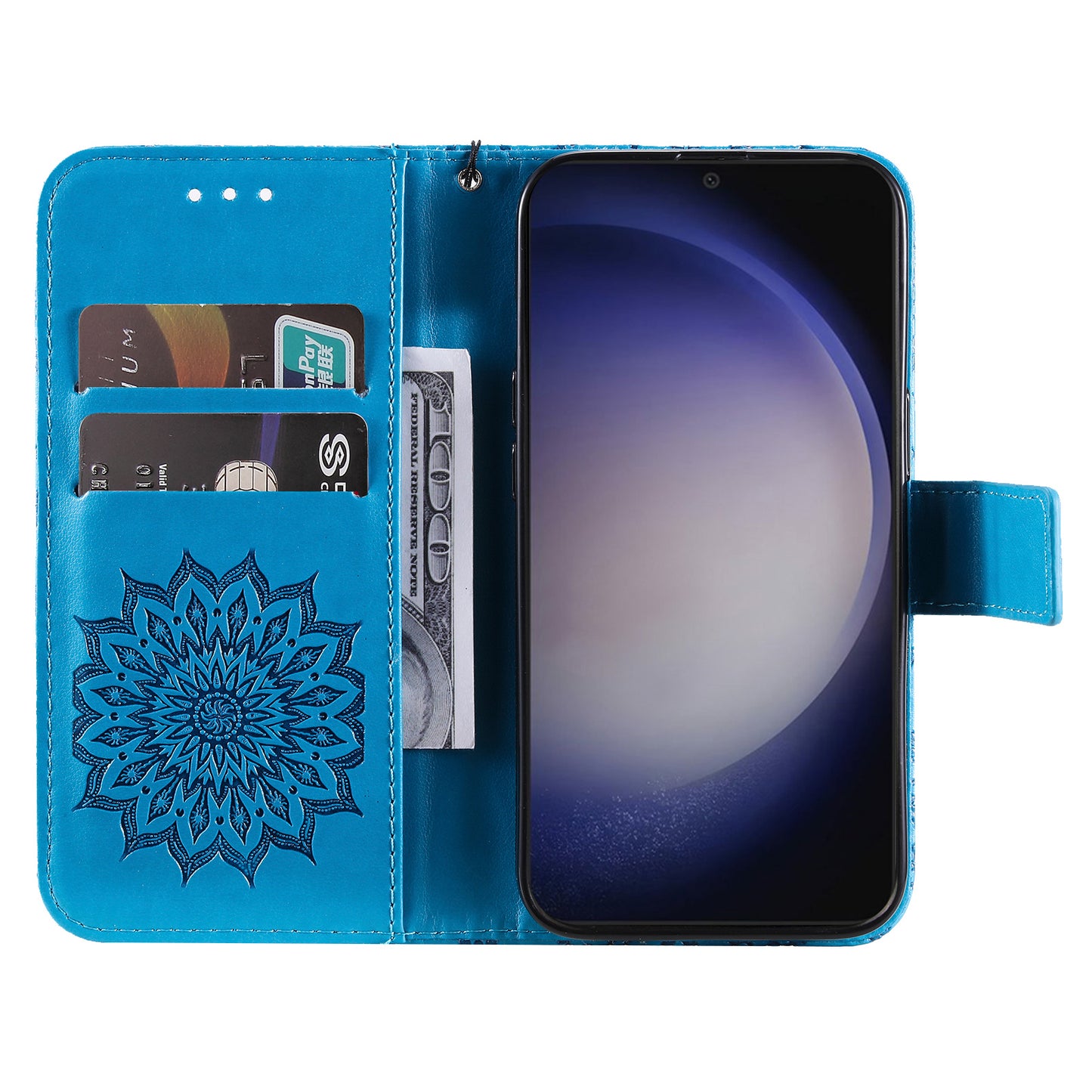KT Imprinting Flower Series-1 For Samsung Galaxy S24+ Case Imprinted Leather Wallet Phone Cover - Blue