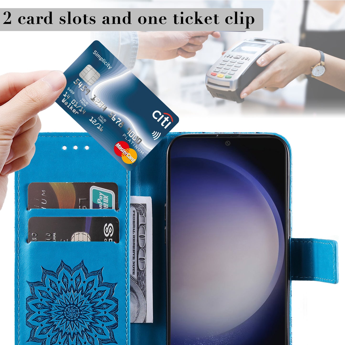 KT Imprinting Flower Series-1 For Samsung Galaxy S24+ Case Imprinted Leather Wallet Phone Cover - Blue