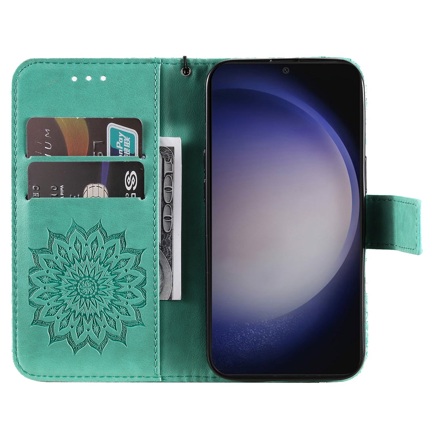 KT Imprinting Flower Series-1 For Samsung Galaxy S24+ Case Imprinted Leather Wallet Phone Cover - Green