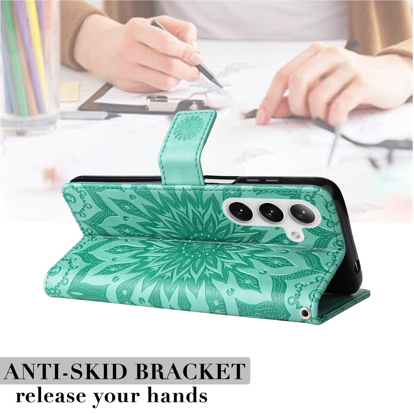 KT Imprinting Flower Series-1 For Samsung Galaxy S24+ Case Imprinted Leather Wallet Phone Cover - Green