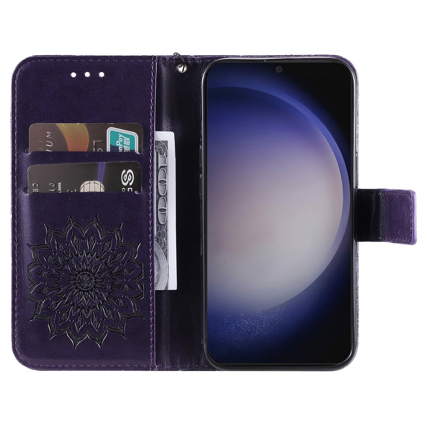 KT Imprinting Flower Series-1 For Samsung Galaxy S24+ Case Imprinted Leather Wallet Phone Cover - Purple