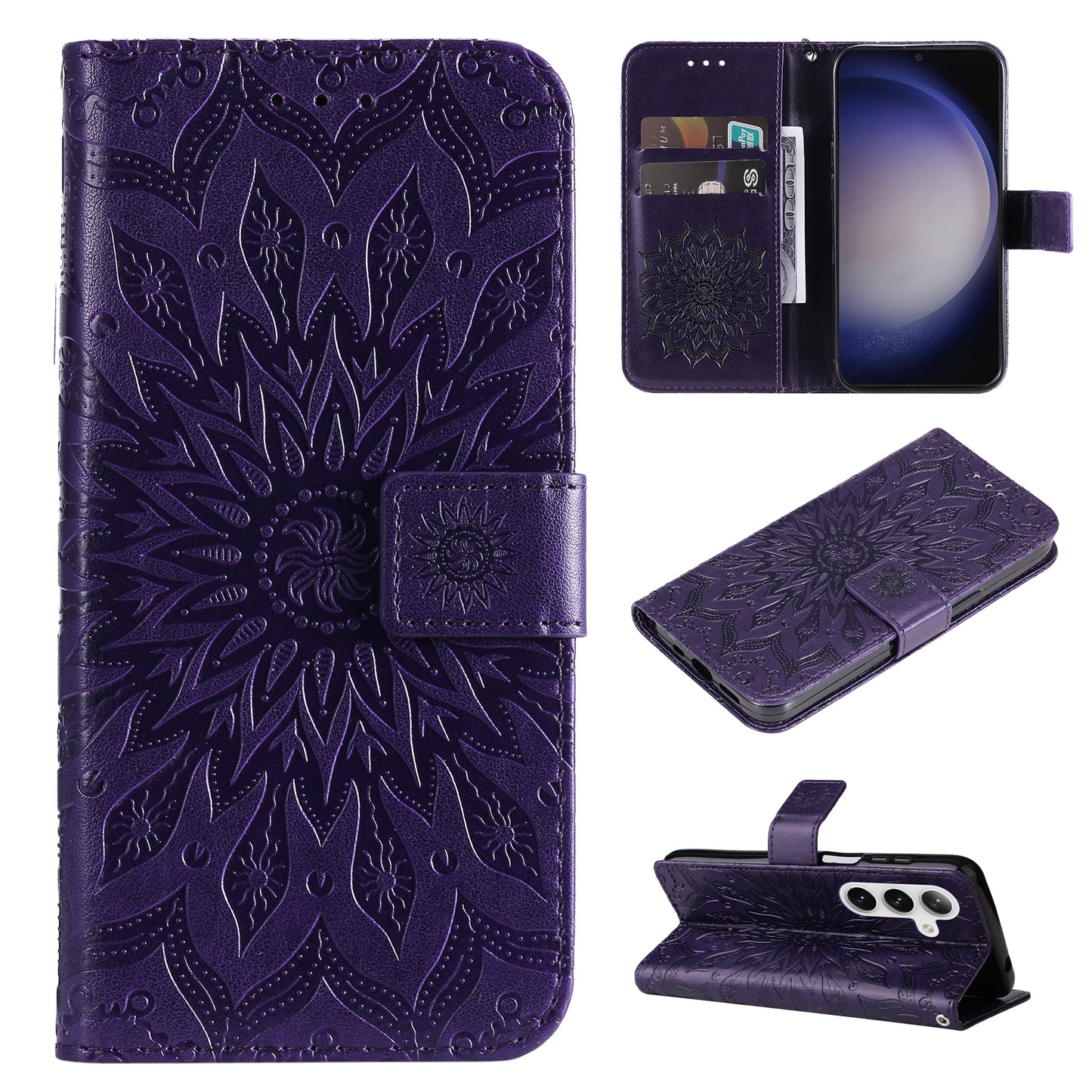 KT Imprinting Flower Series-1 For Samsung Galaxy S24+ Case Imprinted Leather Wallet Phone Cover - Purple