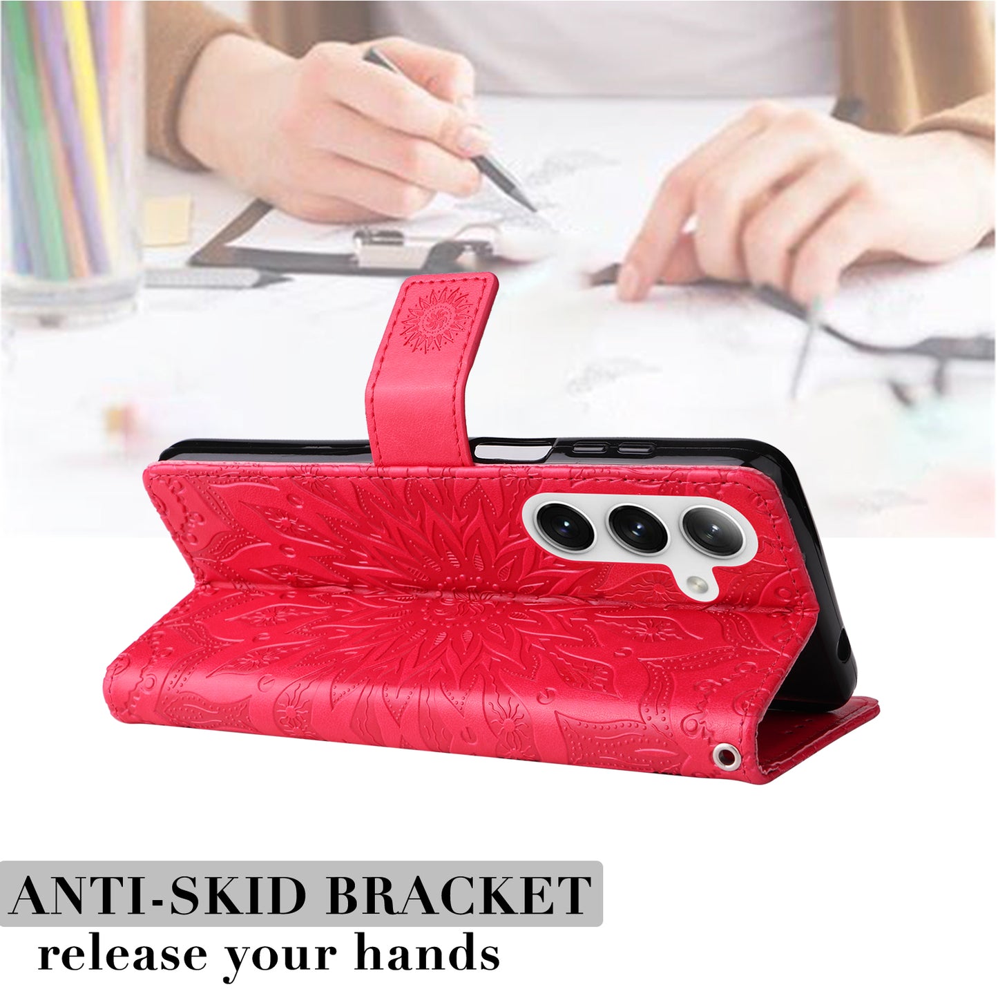 KT Imprinting Flower Series-1 For Samsung Galaxy S24+ Case Imprinted Leather Wallet Phone Cover - Red