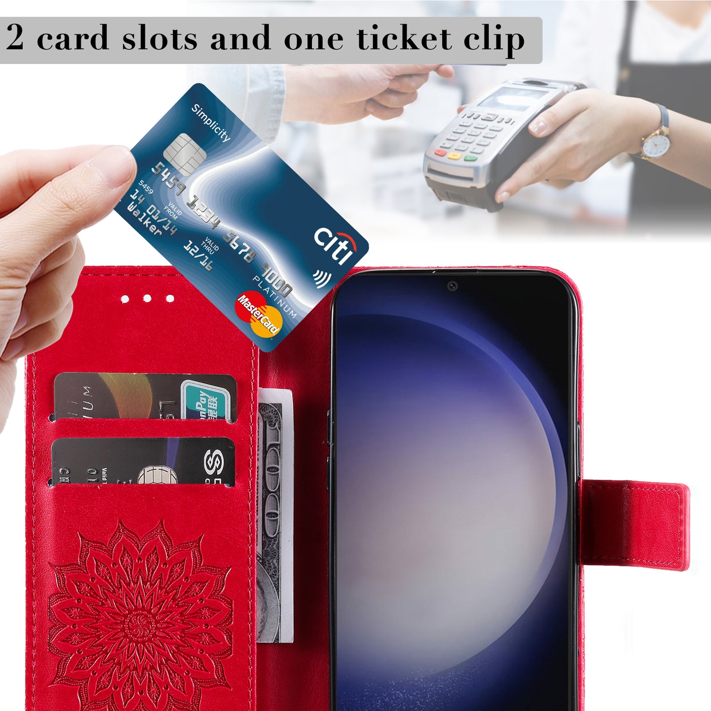 KT Imprinting Flower Series-1 For Samsung Galaxy S24+ Case Imprinted Leather Wallet Phone Cover - Red