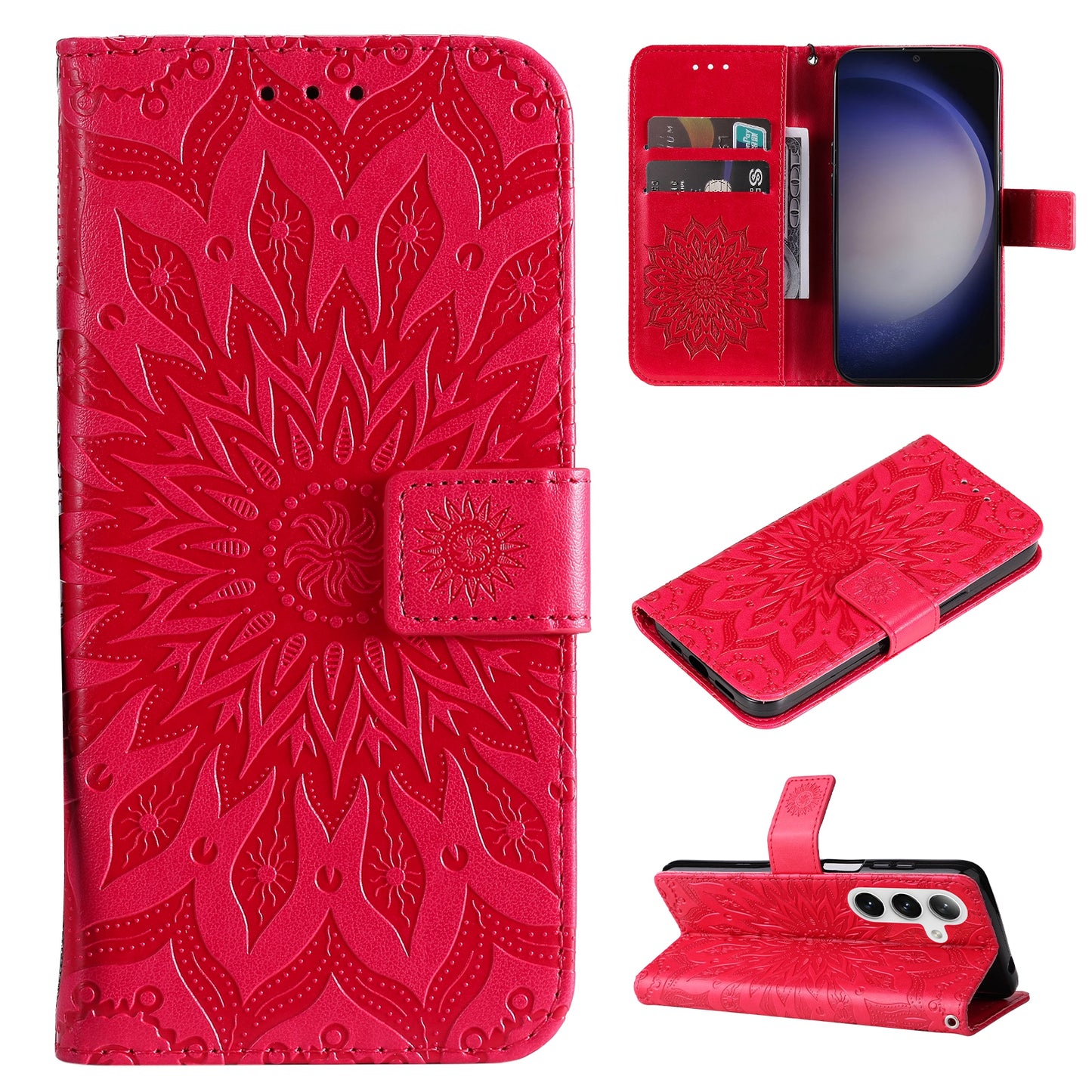 KT Imprinting Flower Series-1 For Samsung Galaxy S24+ Case Imprinted Leather Wallet Phone Cover - Red