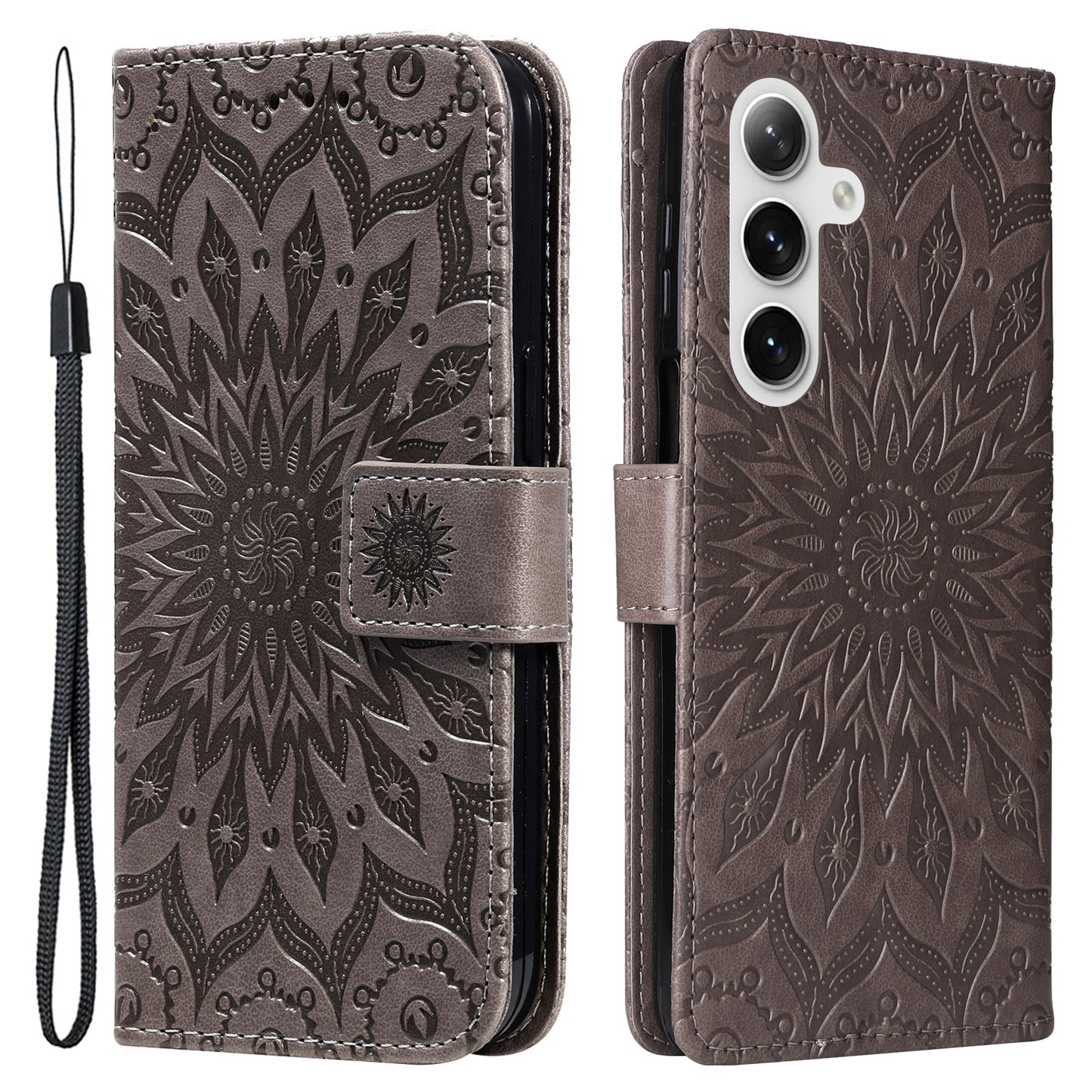 KT Imprinting Flower Series-1 For Samsung Galaxy S24+ Case Imprinted Leather Wallet Phone Cover - Grey