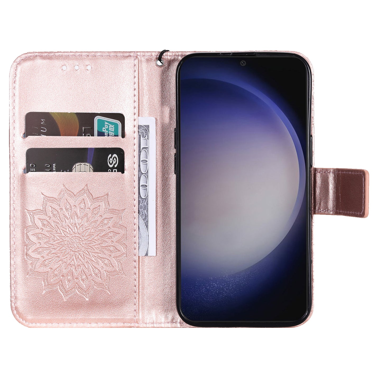 KT Imprinting Flower Series-1 For Samsung Galaxy S24+ Case Imprinted Leather Wallet Phone Cover - Rose Gold