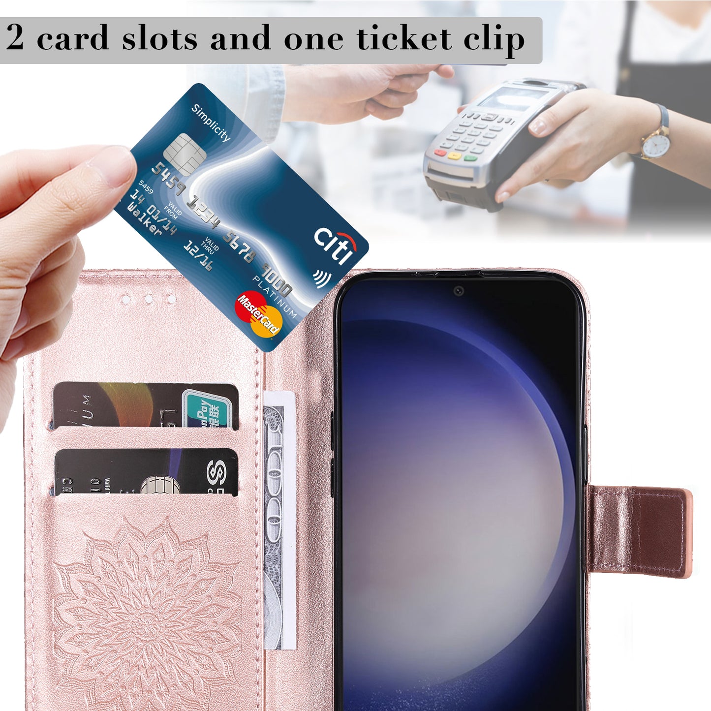 KT Imprinting Flower Series-1 For Samsung Galaxy S24+ Case Imprinted Leather Wallet Phone Cover - Rose Gold