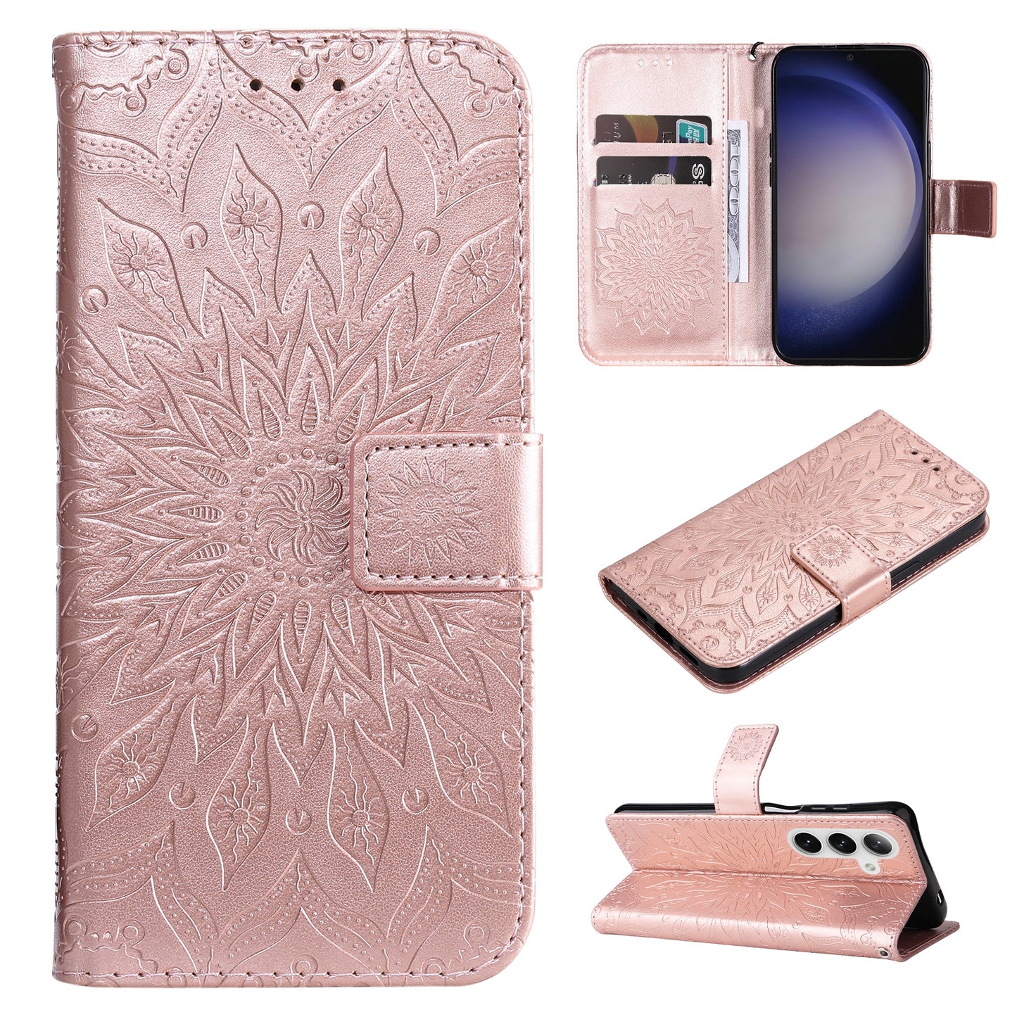 KT Imprinting Flower Series-1 For Samsung Galaxy S24+ Case Imprinted Leather Wallet Phone Cover - Rose Gold