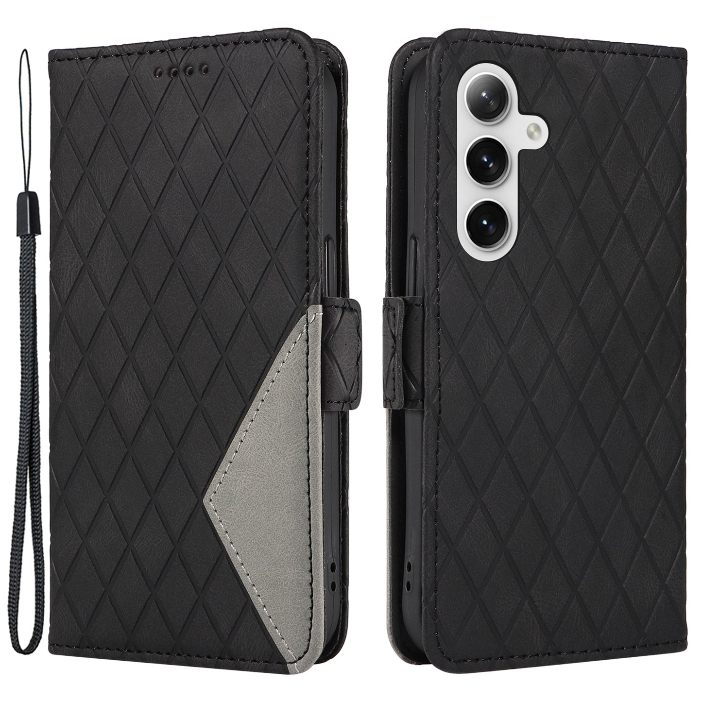 For Samsung Galaxy S24+ Case Rhombus Imprinted Leather Wallet Phone Cover - Black