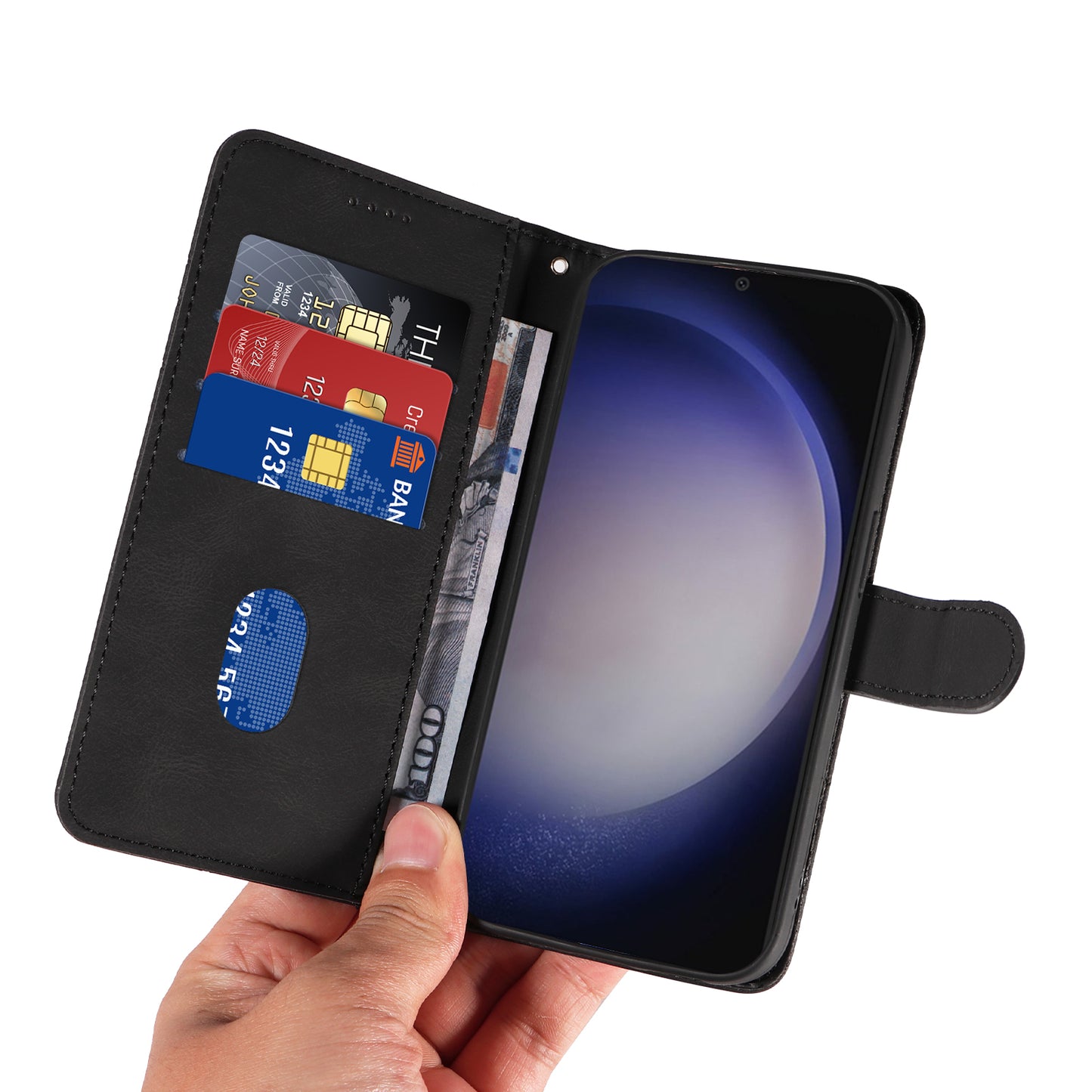 For Samsung Galaxy S24+ Case Imprinted Line Leather Phone Cover with Wallet - Black