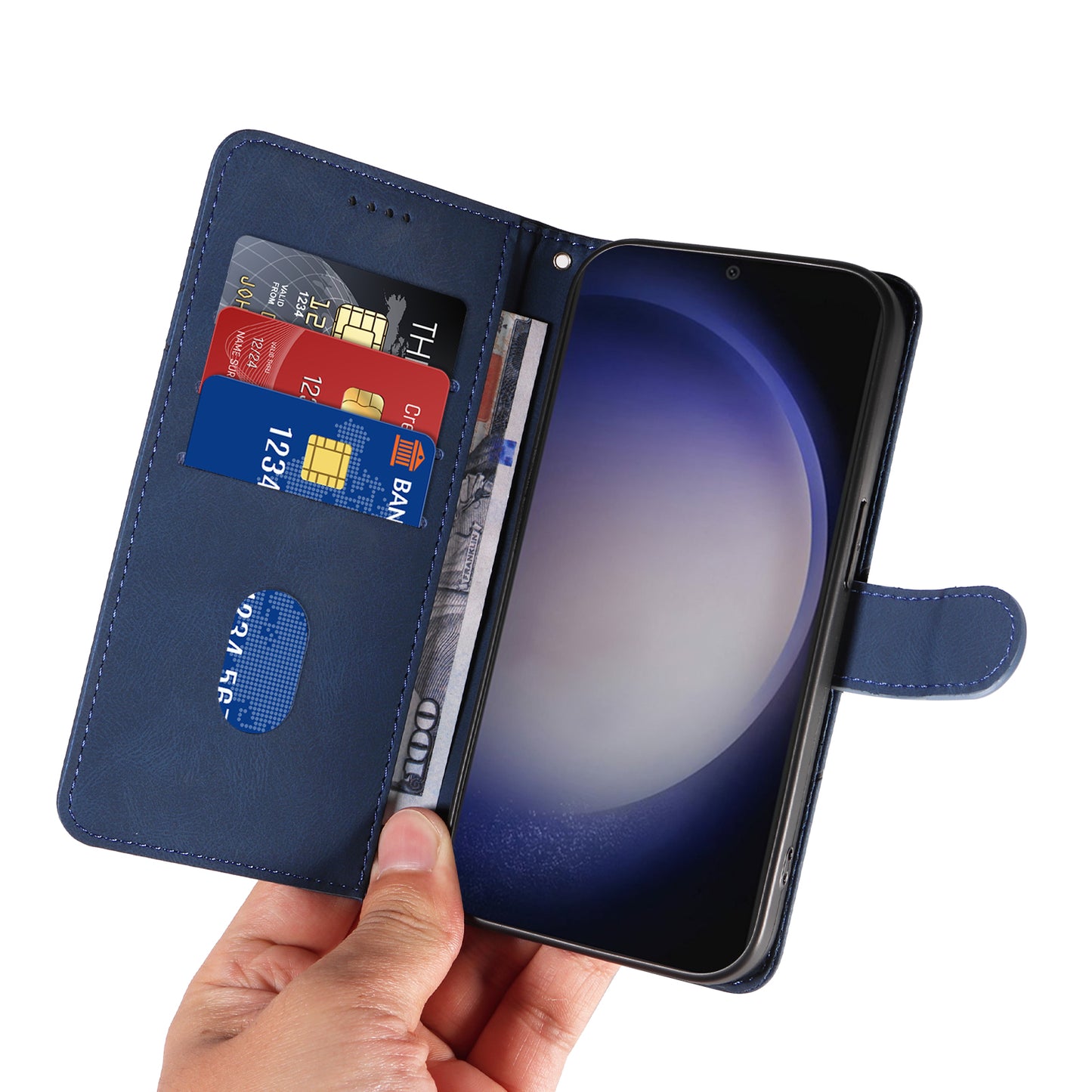 For Samsung Galaxy S24+ Case Imprinted Line Leather Phone Cover with Wallet - Blue