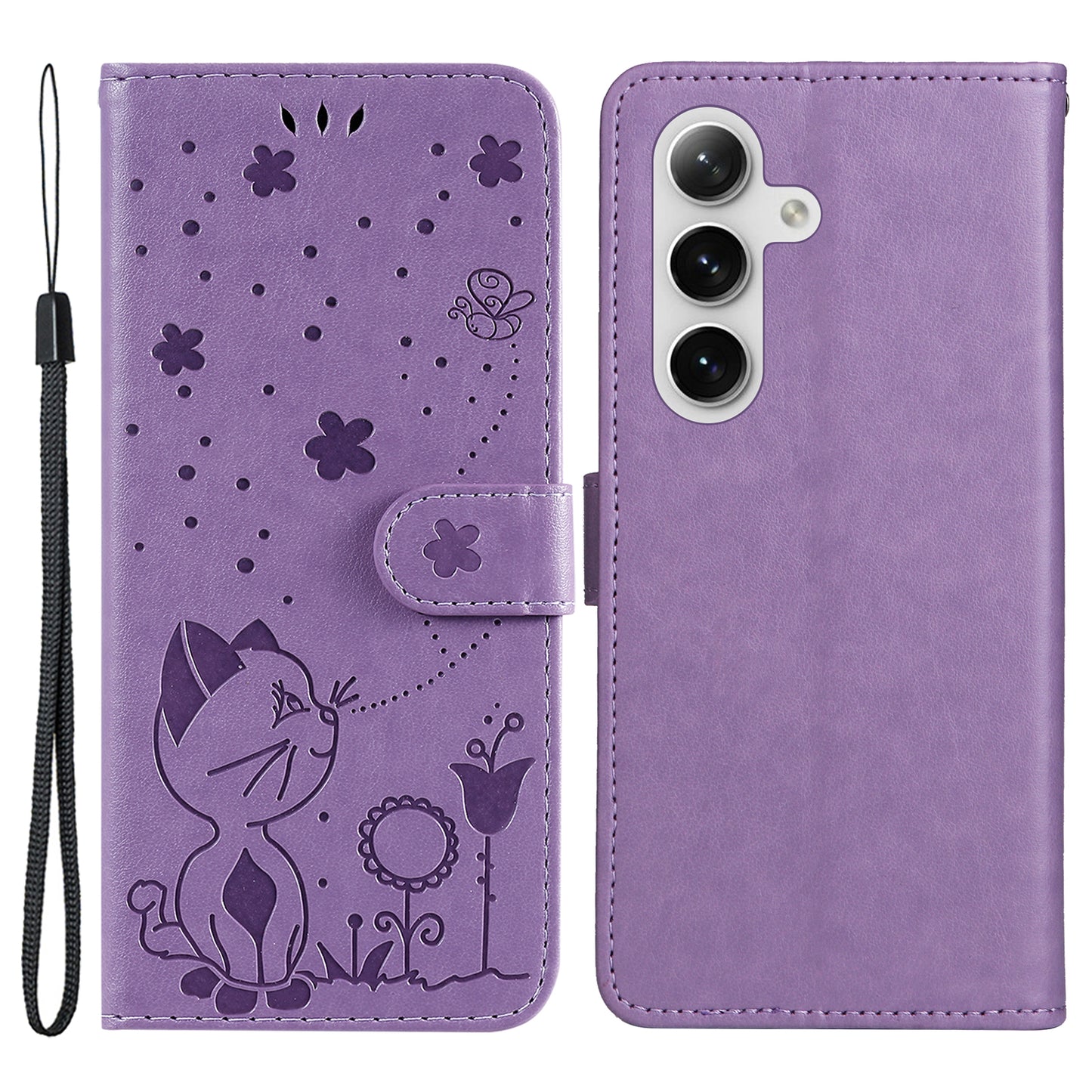 KT Imprinting Flower Series-4 For Samsung Galaxy S24+ Case Cat Imprinted Wallet Phone Cover - Purple