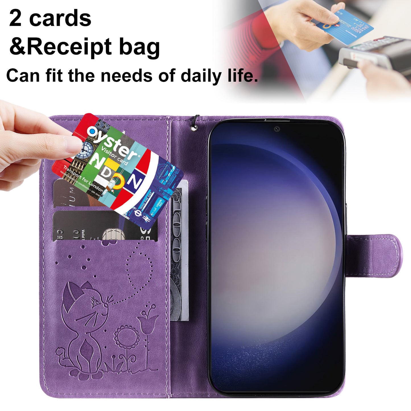 KT Imprinting Flower Series-4 For Samsung Galaxy S24+ Case Cat Imprinted Wallet Phone Cover - Purple