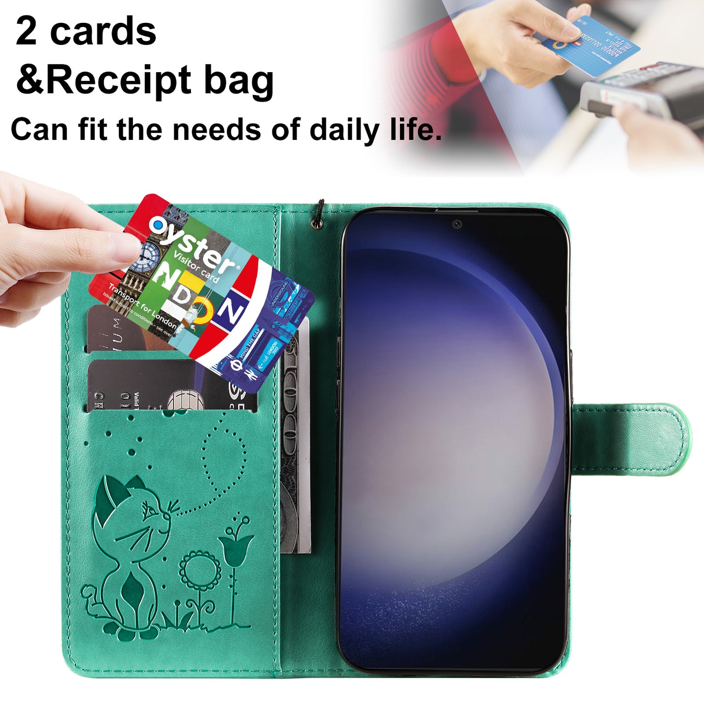 KT Imprinting Flower Series-4 For Samsung Galaxy S24+ Case Cat Imprinted Wallet Phone Cover - Green