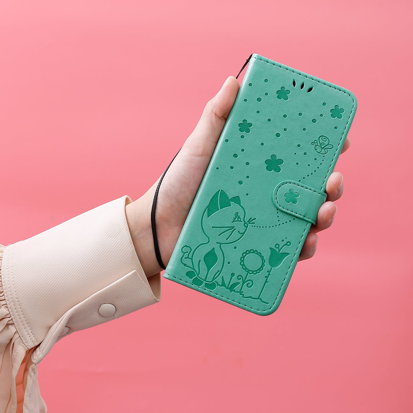 KT Imprinting Flower Series-4 For Samsung Galaxy S24+ Case Cat Imprinted Wallet Phone Cover - Green