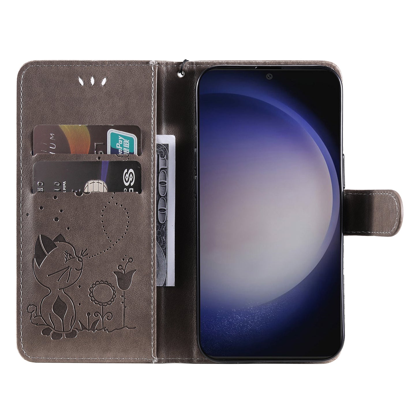 KT Imprinting Flower Series-4 For Samsung Galaxy S24+ Case Cat Imprinted Wallet Phone Cover - Grey