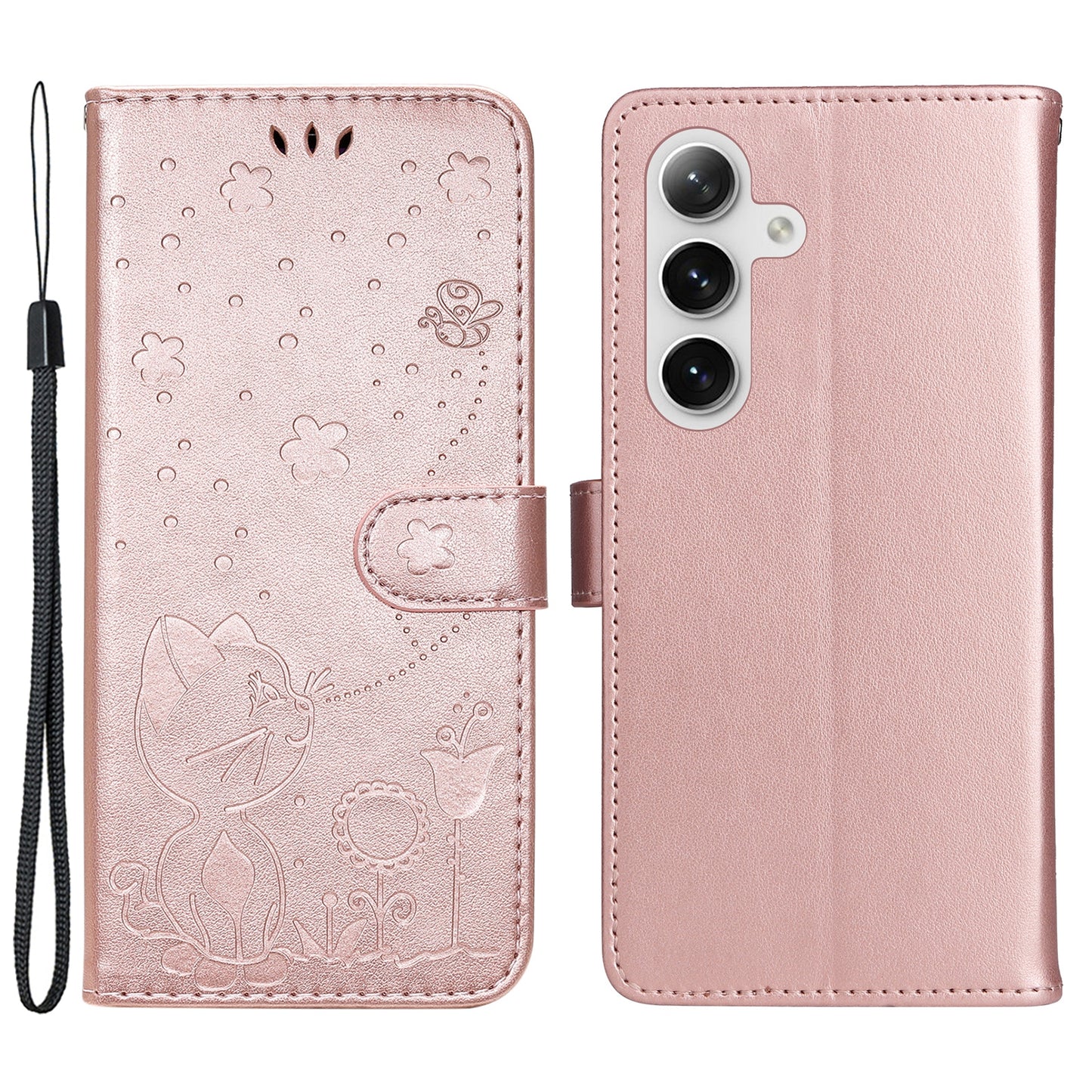 KT Imprinting Flower Series-4 For Samsung Galaxy S24+ Case Cat Imprinted Wallet Phone Cover - Rose Gold