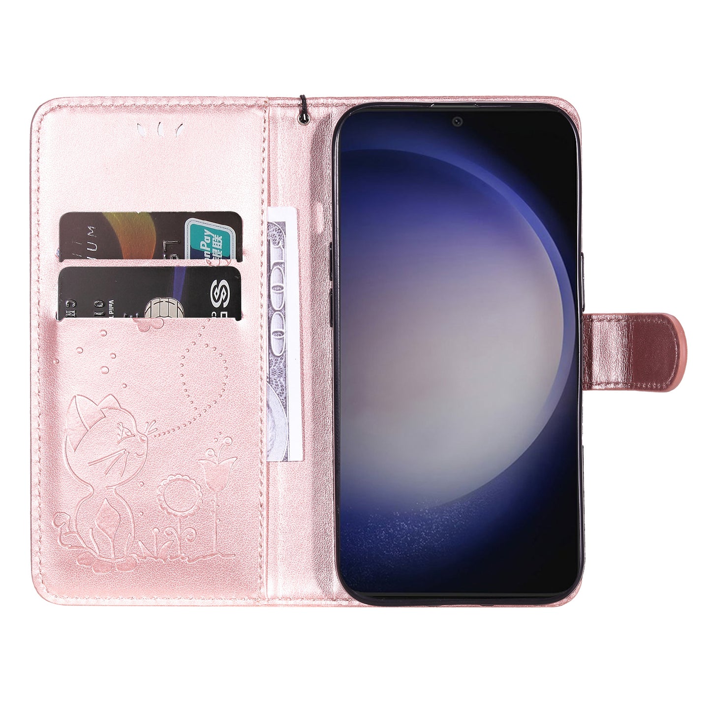 KT Imprinting Flower Series-4 For Samsung Galaxy S24+ Case Cat Imprinted Wallet Phone Cover - Rose Gold