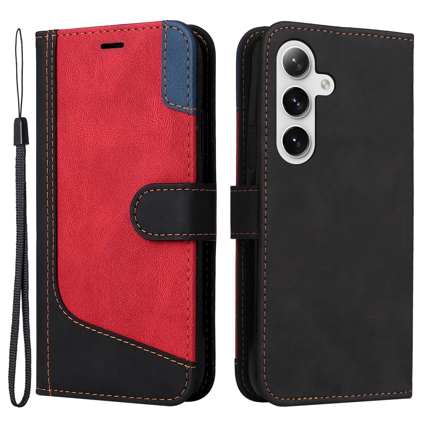 For Samsung Galaxy S24+ Case Three-color Splicing Wallet Phone Cover with Strap - Black